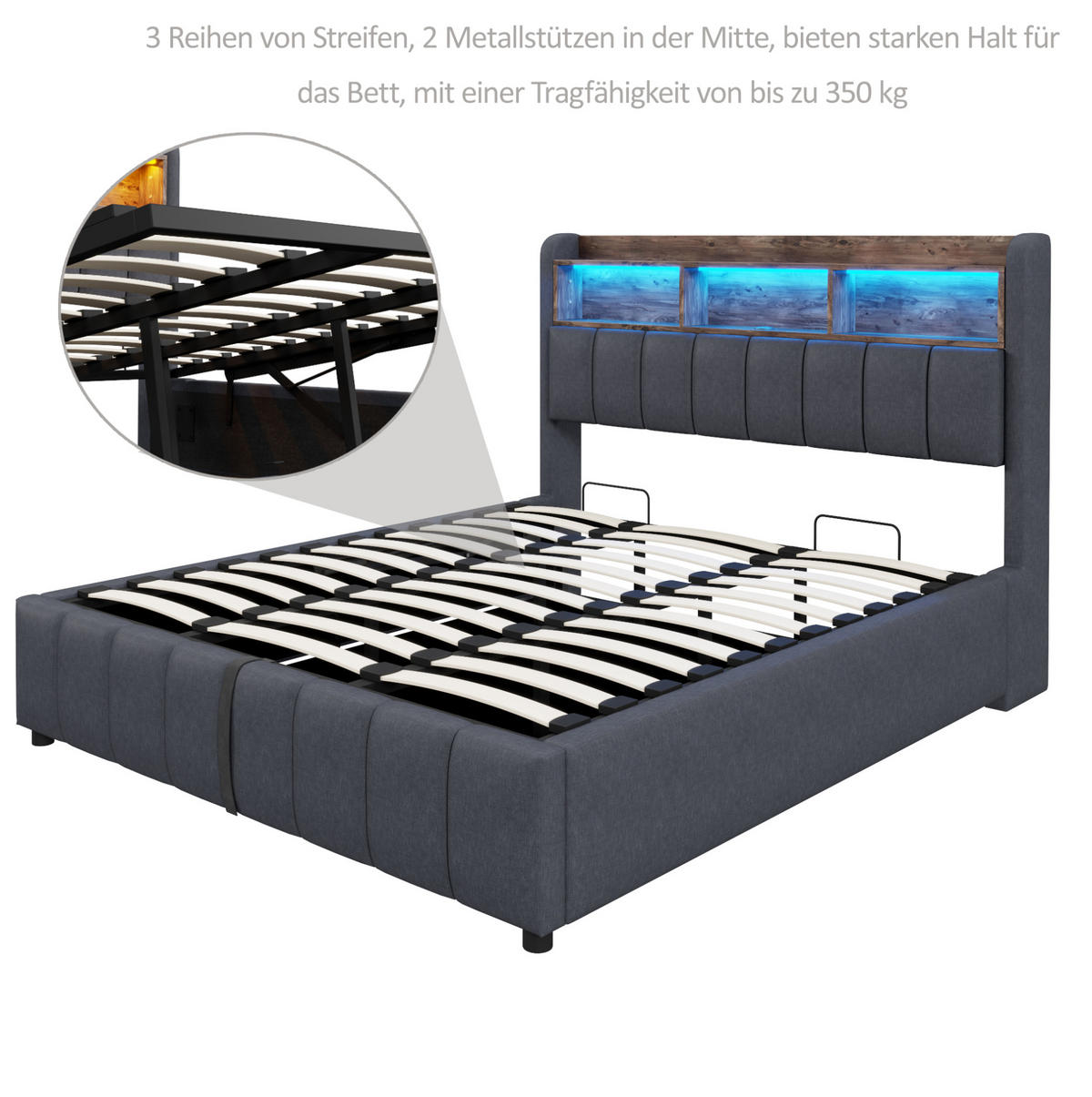 POLSTERBETT 180/200 cm Grau aus Leinenstoff mit LED-Beleuchtung und Stauraum - Grau, Textil (180/200cm) - OKMYHOME