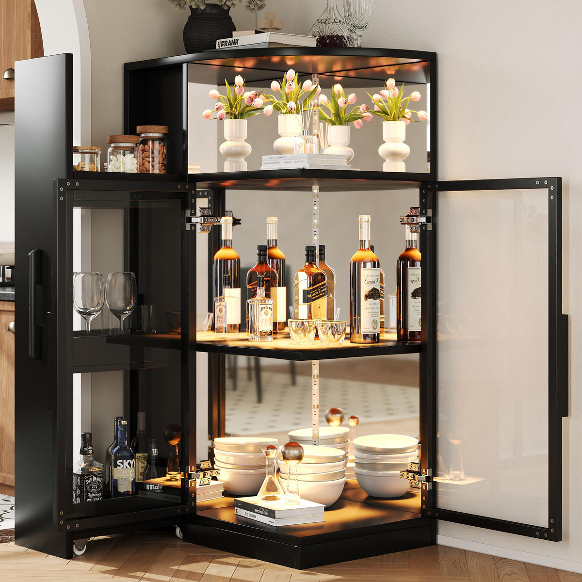 VITRINE LED ESG Glas Ausziehbar 112cm Sammlervitrine Schwarz - Schwarz, Glas (64/112/42cm) - FLIEKS
