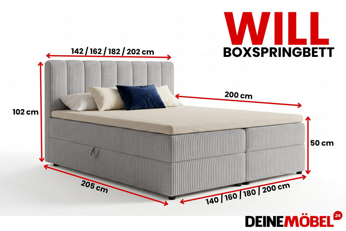 BOXBETT WILL 140/200 in Cord Hellgrau H4 - Hellgrau, Holz/Holzwerkstoff (140/200cm) - Deine Möbel 24