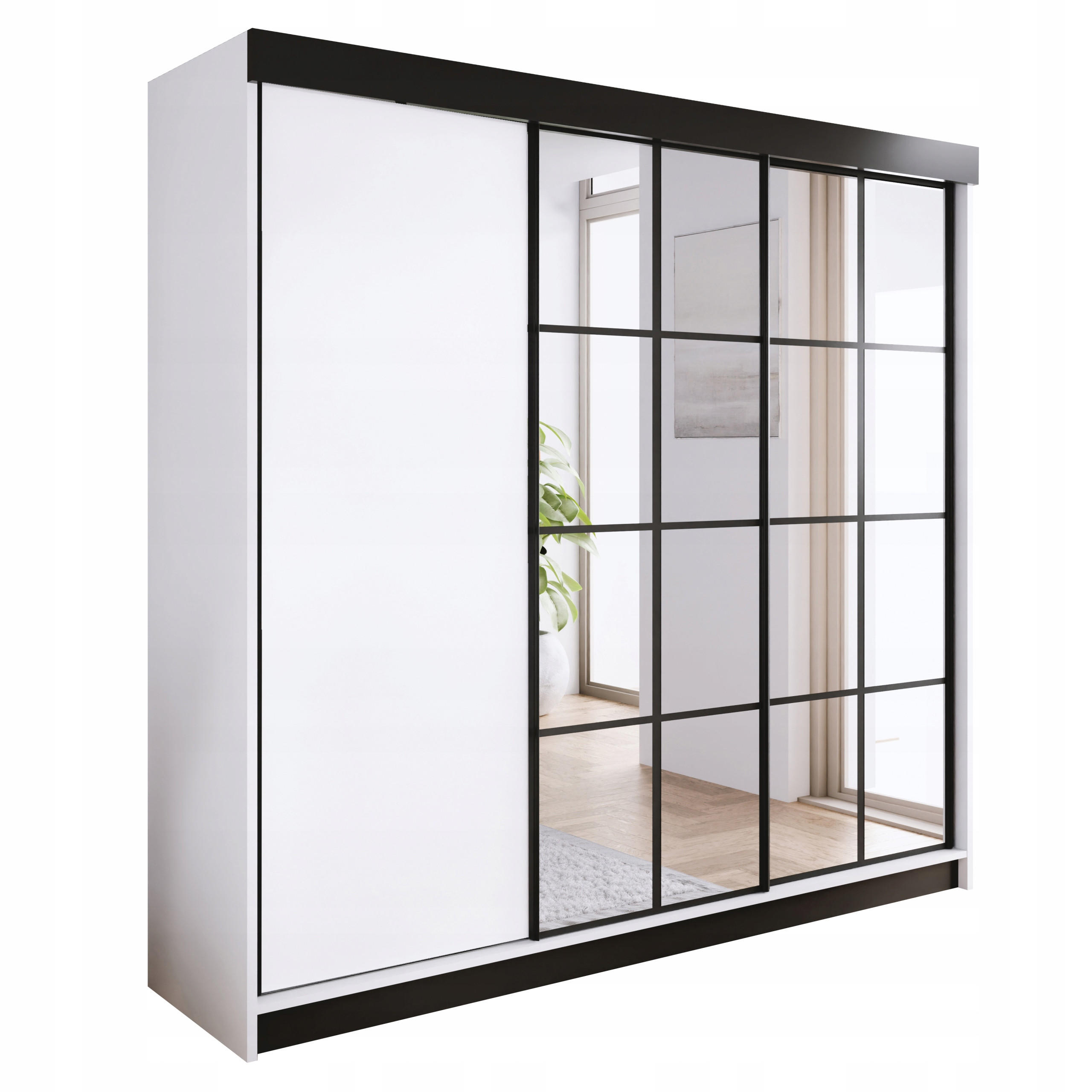 POSUVNÁ ŠATNÍ SKŘÍŇ ARI 2 se zrcadlem 250 - Bílá - bílá, kompozitní dřevo (250/200/62cm) - Kier Furniture
