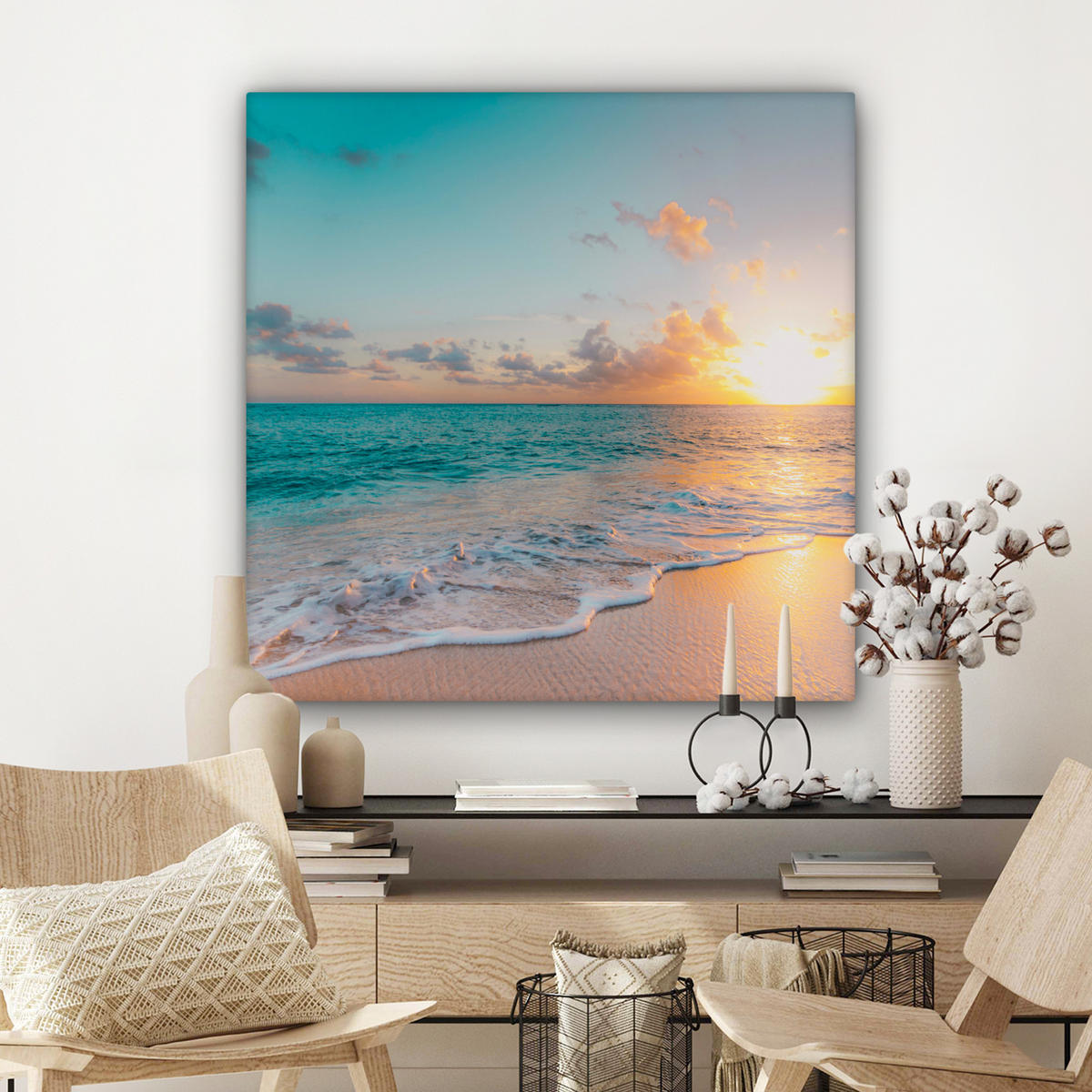 LEINWANDBILD - Sonnenuntergang - Strand - Meer - Sommer - Blau - 90x90 - Gemälde - Multicolor, Textil (90/90cm) - MuchoWow