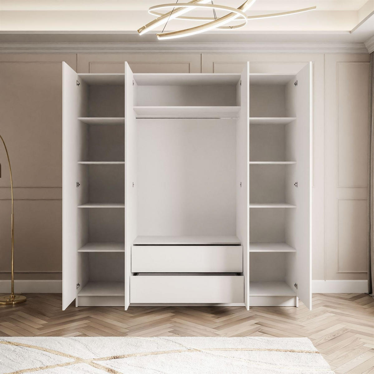 KLEIDERSCHRANK AUREL 4D - Weiß Hochglanz, Holzwerkstoff (200/200/57cm) - Lookway
