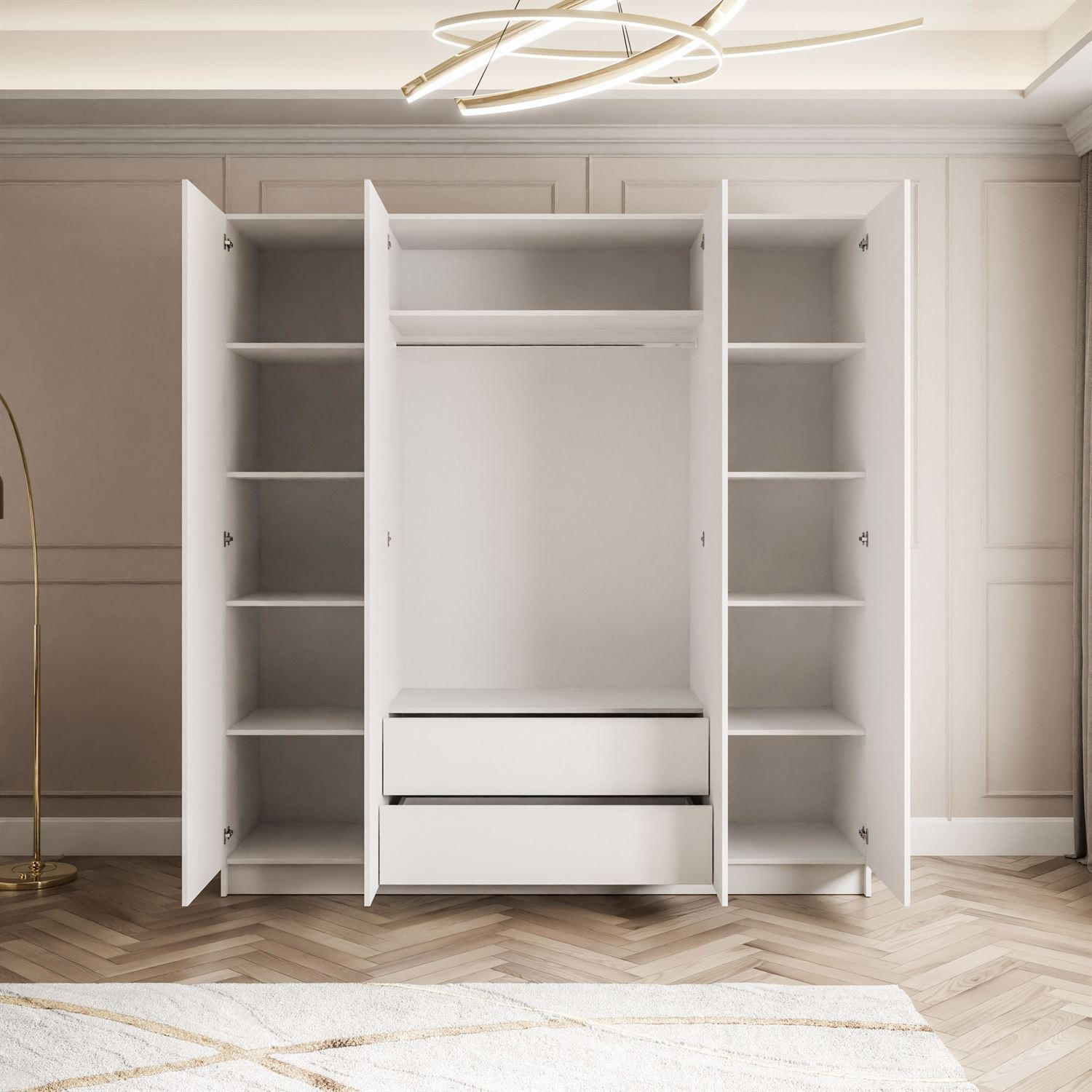 Thumbnail - Lookway Kleiderschrank, Weiß Hochglanz, Holzwerkstoff, Uni, 2 Schubladen, Rechteckig, 200x200x57 cm, Schlafzimmer, Kleid...