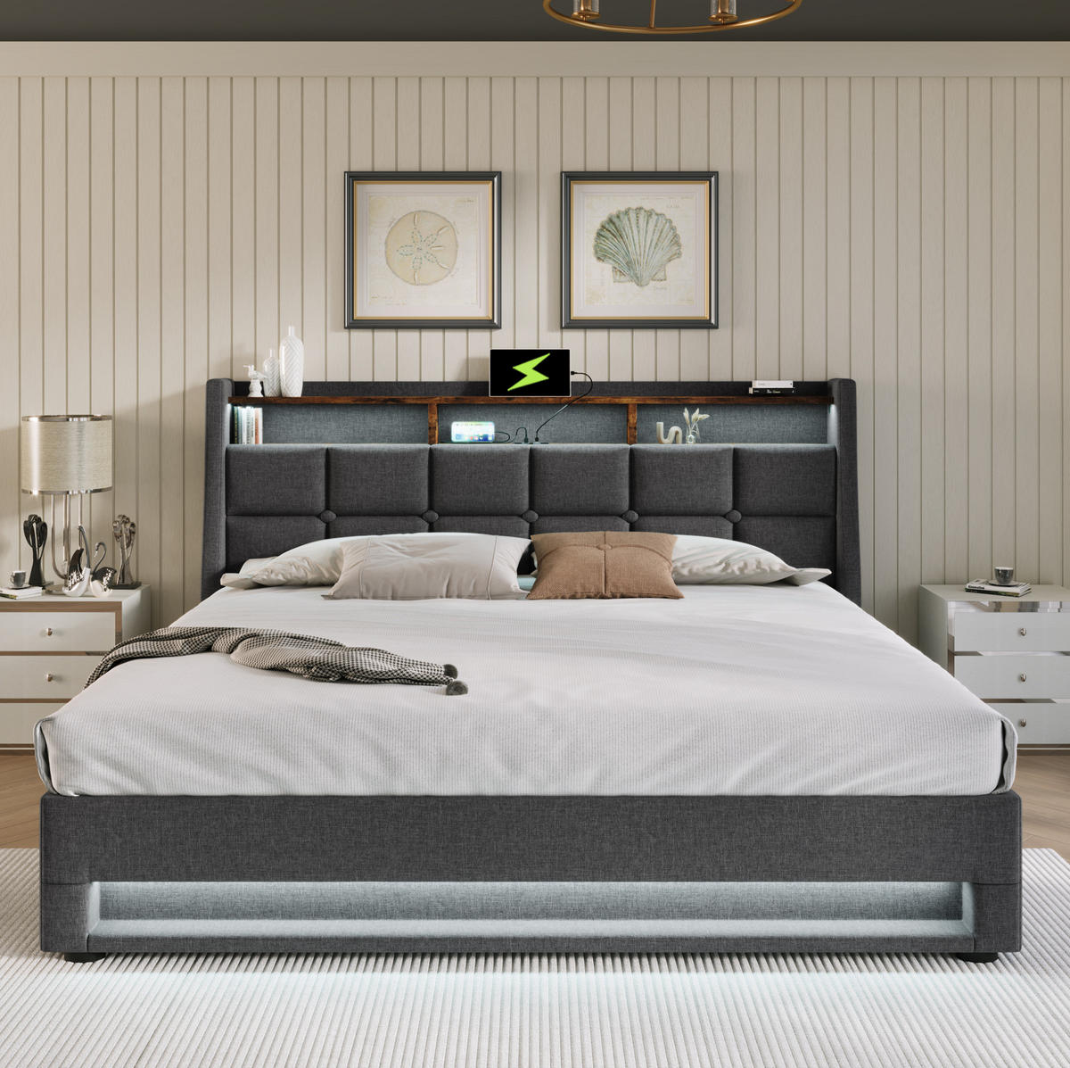 POLSTERBETT aus Leinen 180x200 cm in Grau mit LED-Beleuchtung & USB - Grau, Textil (180/200cm) - Modfu