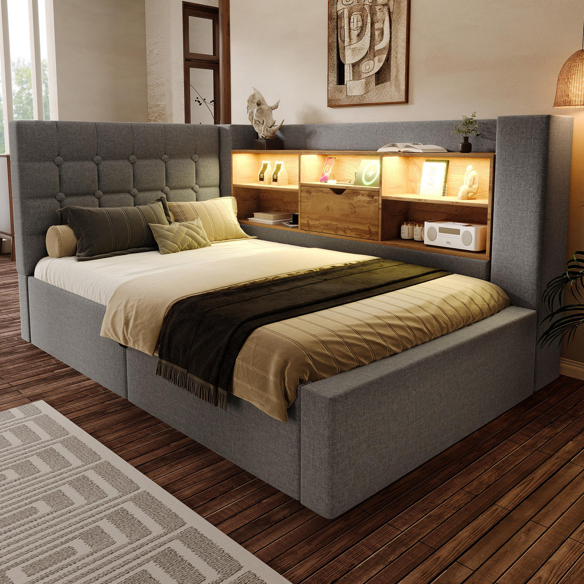 POLSTERBETT 90/200 cm in Grau Leinen mit Stauraum, LED und USB - Grau, Holzwerkstoff/Textil (90/200cm) - WISHDOR