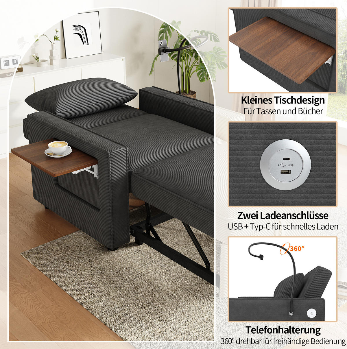 ROZKLÁDACÍ pohovka 93/150/85 cm s USB a Type-C portem, 3polohovým opěradlem a držákem na telefon, Šedá - šedá, textil (93/85/150cm) - Redom