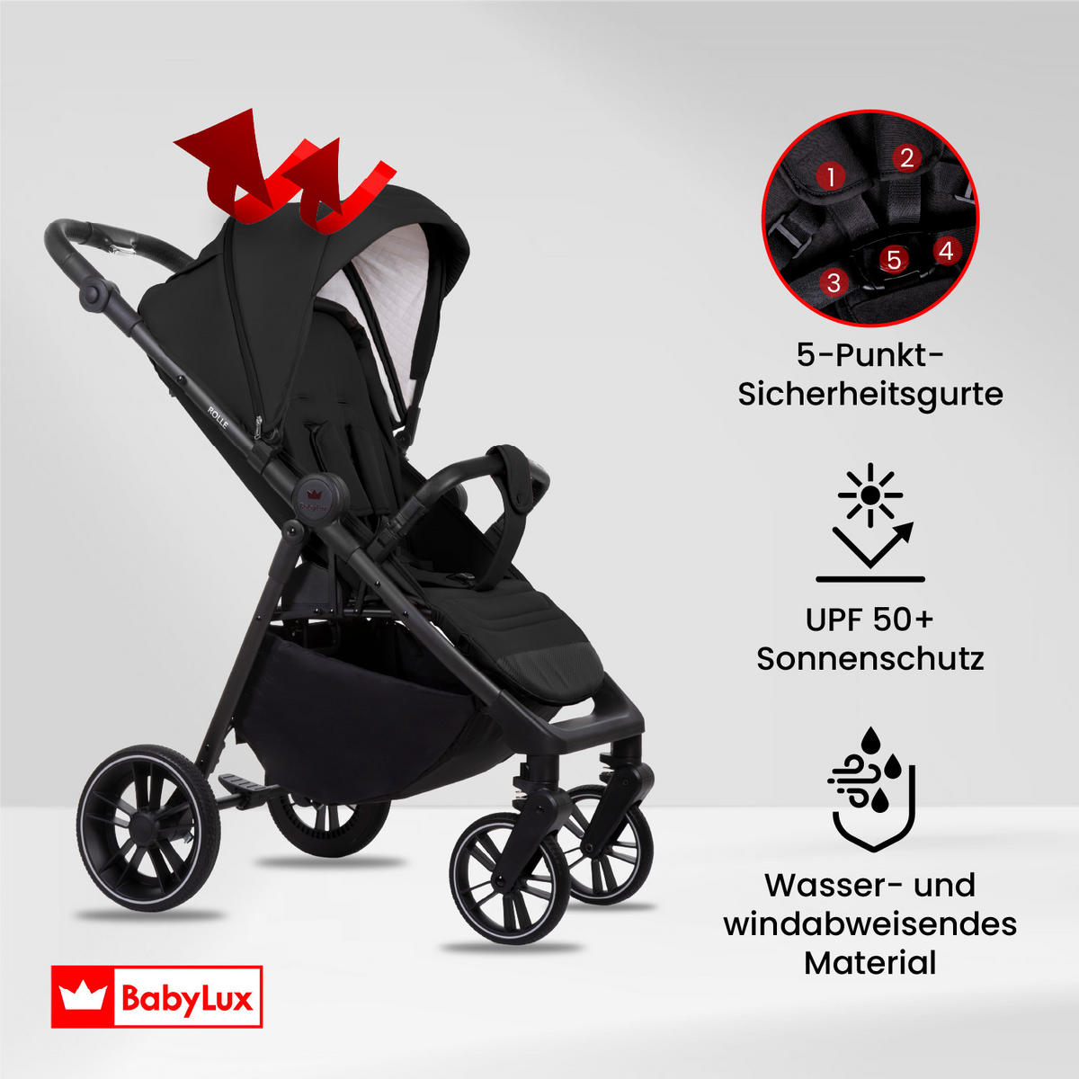 BUGGY Rolle, Klein und Leicht, Teleskopische Führung, Kompakt Faltbar, Wickeltasche, Reisetasche - Schwarz, Textil/Metall (58/99cm) - BabyLux