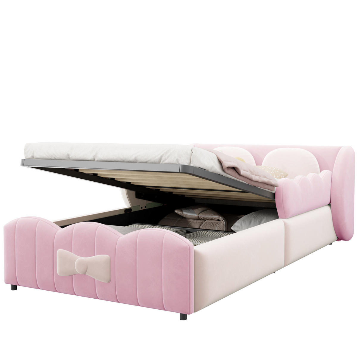 KINDER-POLSTERBETT aus Samt 90x200 cm Rosa mit hydraulischem Stauraum und 2 Zierkissen - Pink, Textil (90/200cm) - Modfu