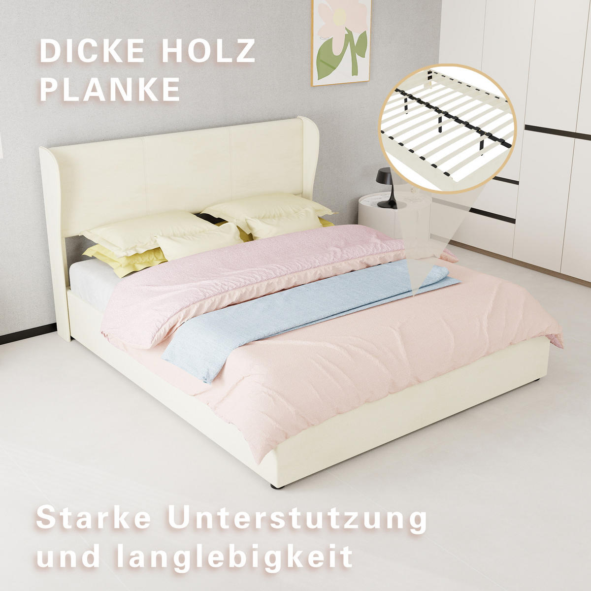 POLSTERBETT 160/200 mit Velourskopfteil und Stauraum in Beige - Beige, Holzwerkstoff/Textil (160/200cm) - EVRYAE
