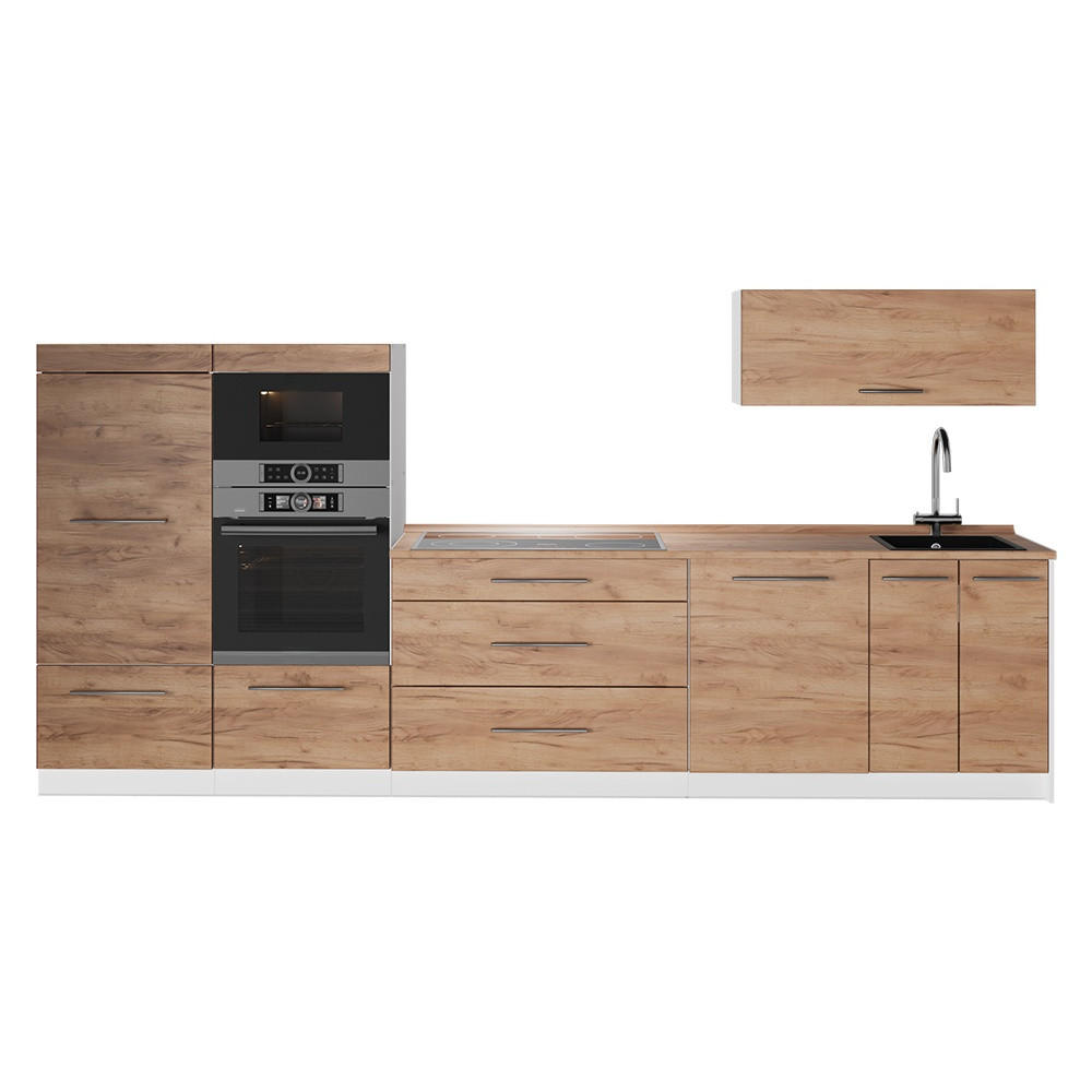 KÜCHENZEILE Fame-Line, Goldkraft Eiche, 340 cm, AP Eiche - Honigeiche/Weiß, Holzwerkstoff (340/153.6/60cm) - Vicco