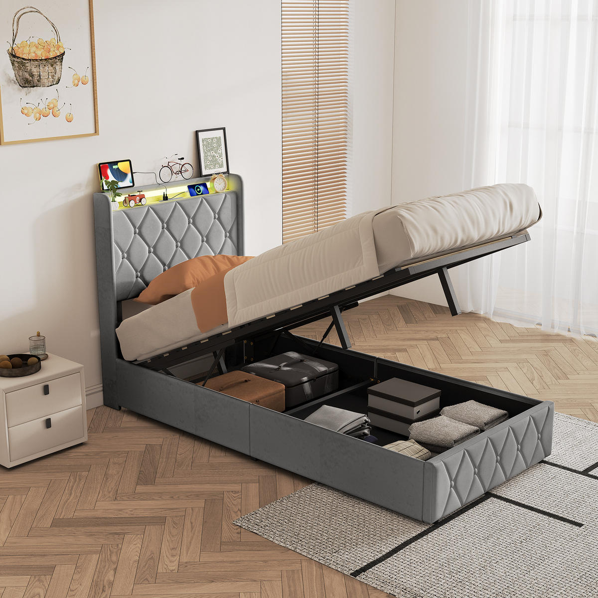 POLSTERBETT 90x200 cm Grau mit RGB-LED, USB-C & hydraulischem Stauraum - Grau, Holz (90/200cm)