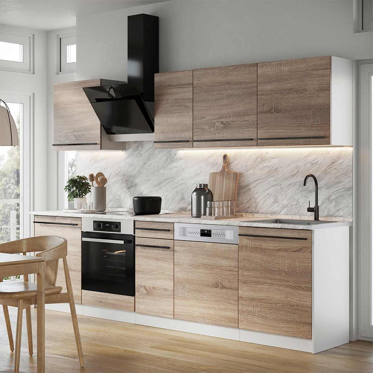 KÜCHENZEILE R-Line, Sonoma/Weiß, 280 cm Arbeitsplatte Marmor - Weiß/Sonoma Eiche, Holzwerkstoff (280/206.8/60cm) - Vicco