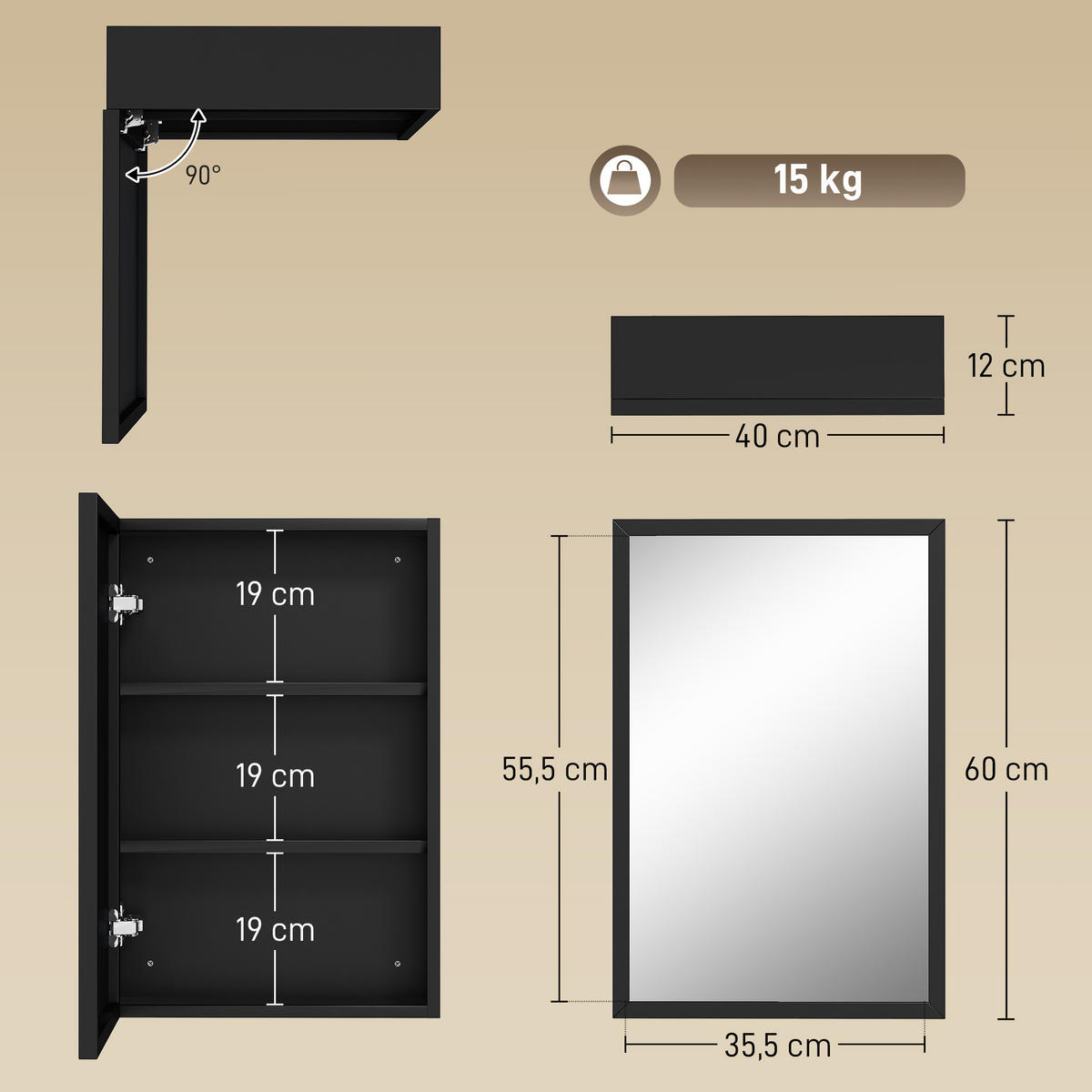 SPIEGELSCHRANK Schwarz 40/12/60 cm - Schwarz, Metall (40/60/12cm) - PANGIVO