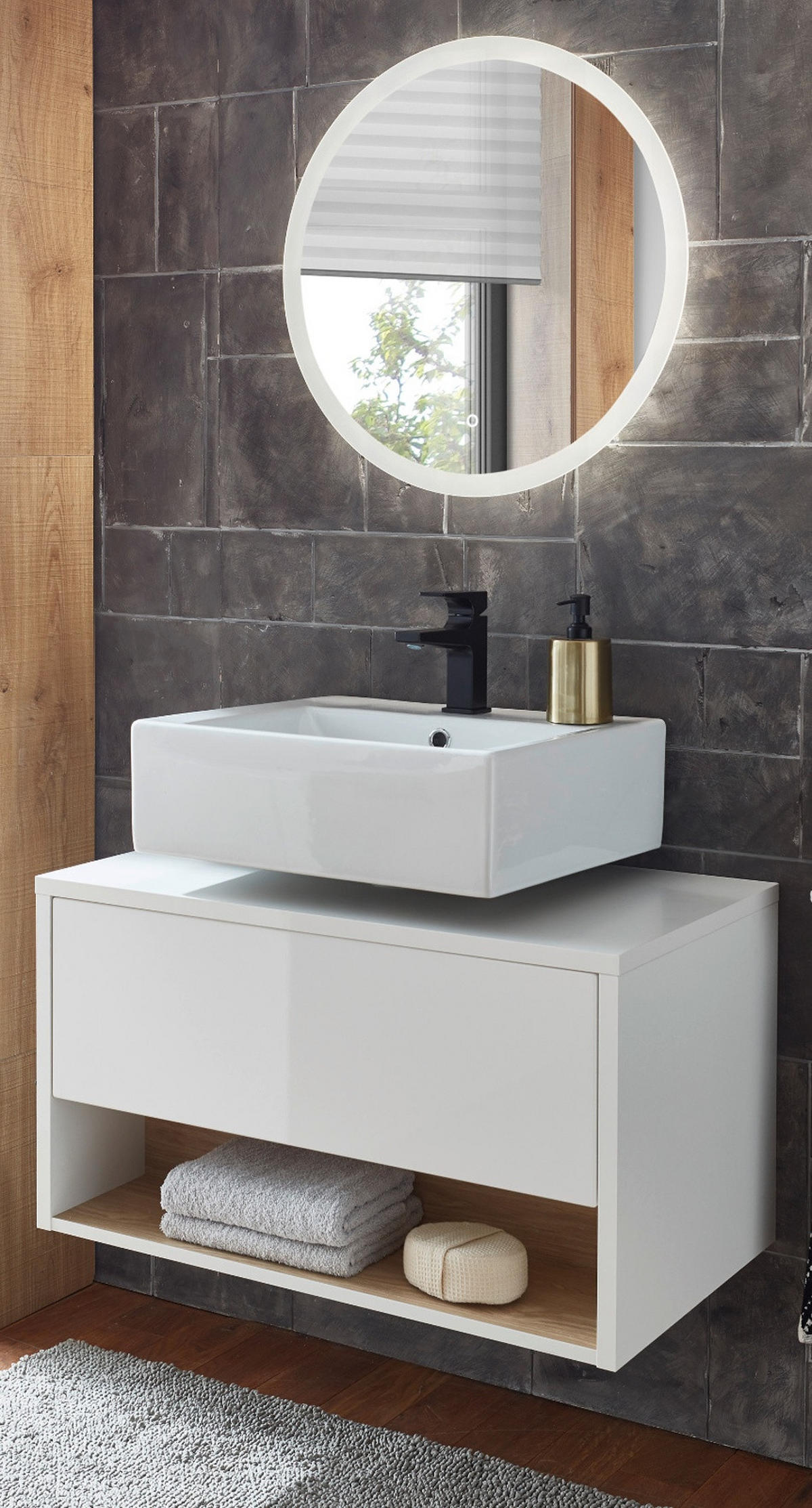 Badmöbel Set 2-teilig in weiß Hochglanz und Eiche mit LED Beleuchtung 80 x 190 cm Glide - Weiß Hochglanz/Eichefarben, Glas/Holzwerkstoff (80/190/46cm) - Furn.Design