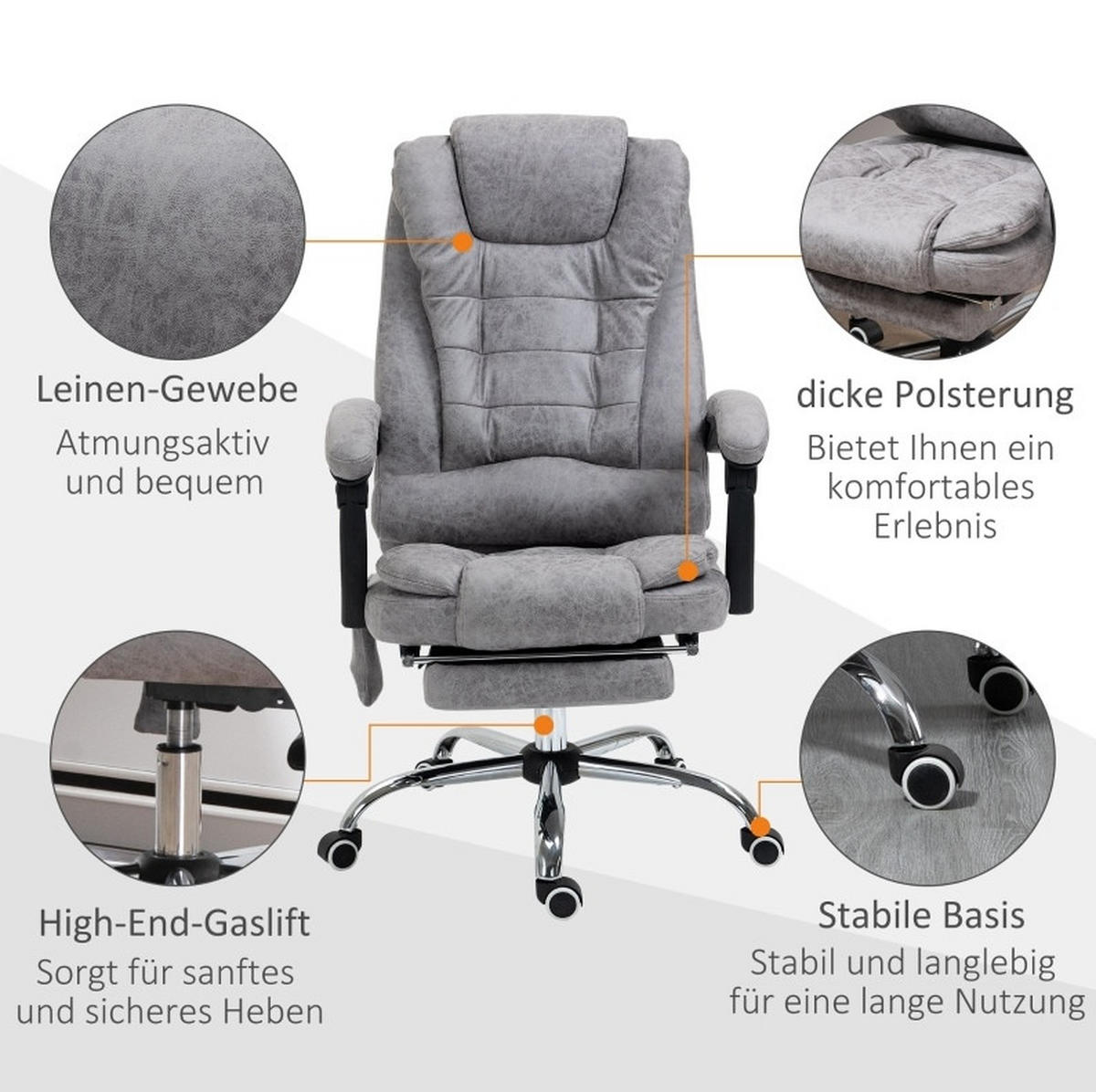 DREHSTUHL 65/70/111-119 cm grau aus Mikrofaser mit Massage - Grau, Textil (70/119/65cm) - OKWISH