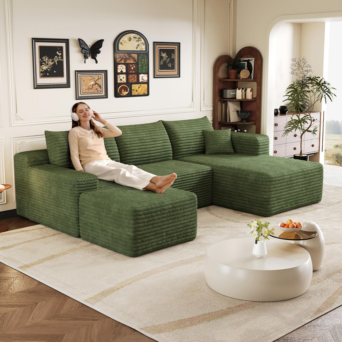 WOHNLANDSCHAFT Cord Grün Ohne Montage - Grün, Textil (241/58/151cm) - WISHDOR