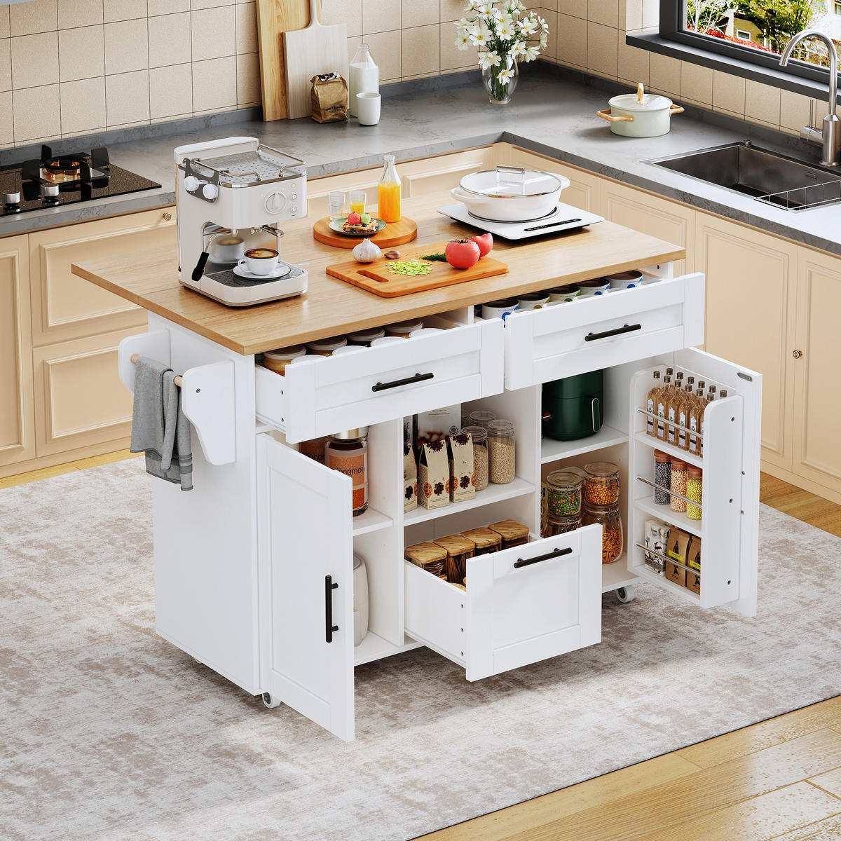 KÜCHENINSEL 120/71/90 cm Weiß aus Holzwerkstoff mit Rollen - Weiß, Holzwerkstoff (120/90/71cm) - OKWISH