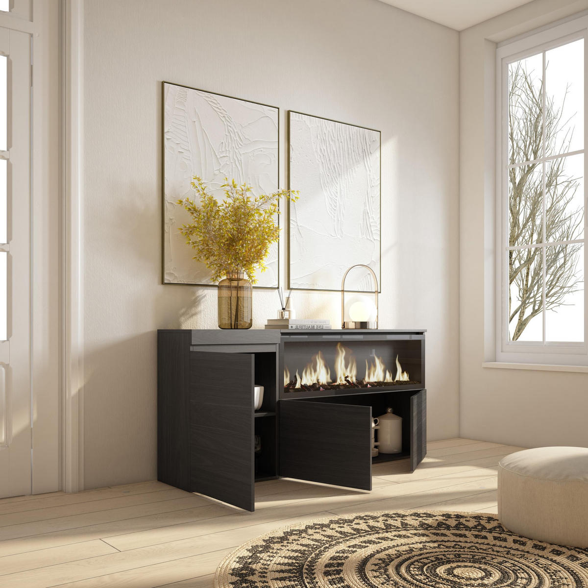 SIDEBOARD Highboard, Elektrokamin XXL, schwarz, 158/35/75cm - Schwarz, Holzwerkstoff (158/75/35cm) - Skraut Home