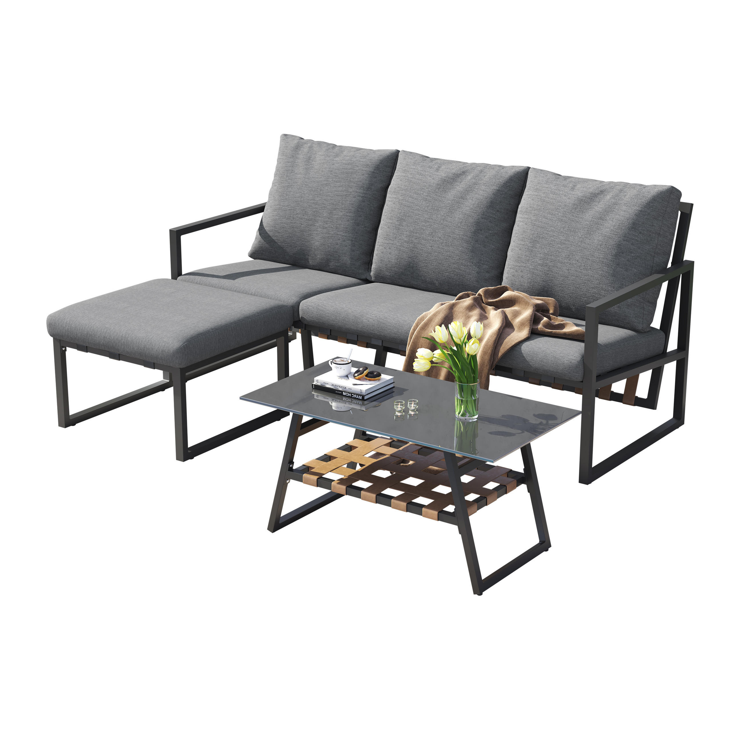 LOUNGESET Grau Eck Mit Sofa Couchtisch Hocker - Grau, Textil - FLIEKS