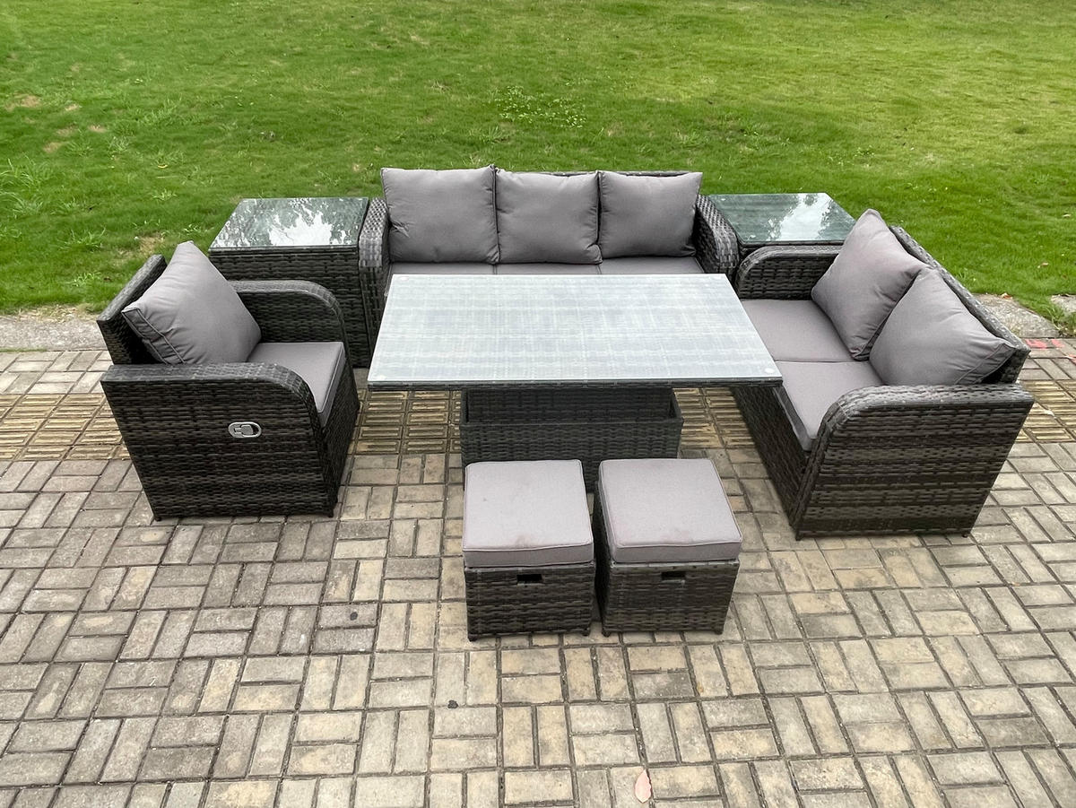GARTENMÖBEL SET mit Höhenverstellbarer Esstisch,Beistelltisch 8-Sitzer Grau - Dunkelgrau/Grau, Glas/Kunststoff - Fimous
