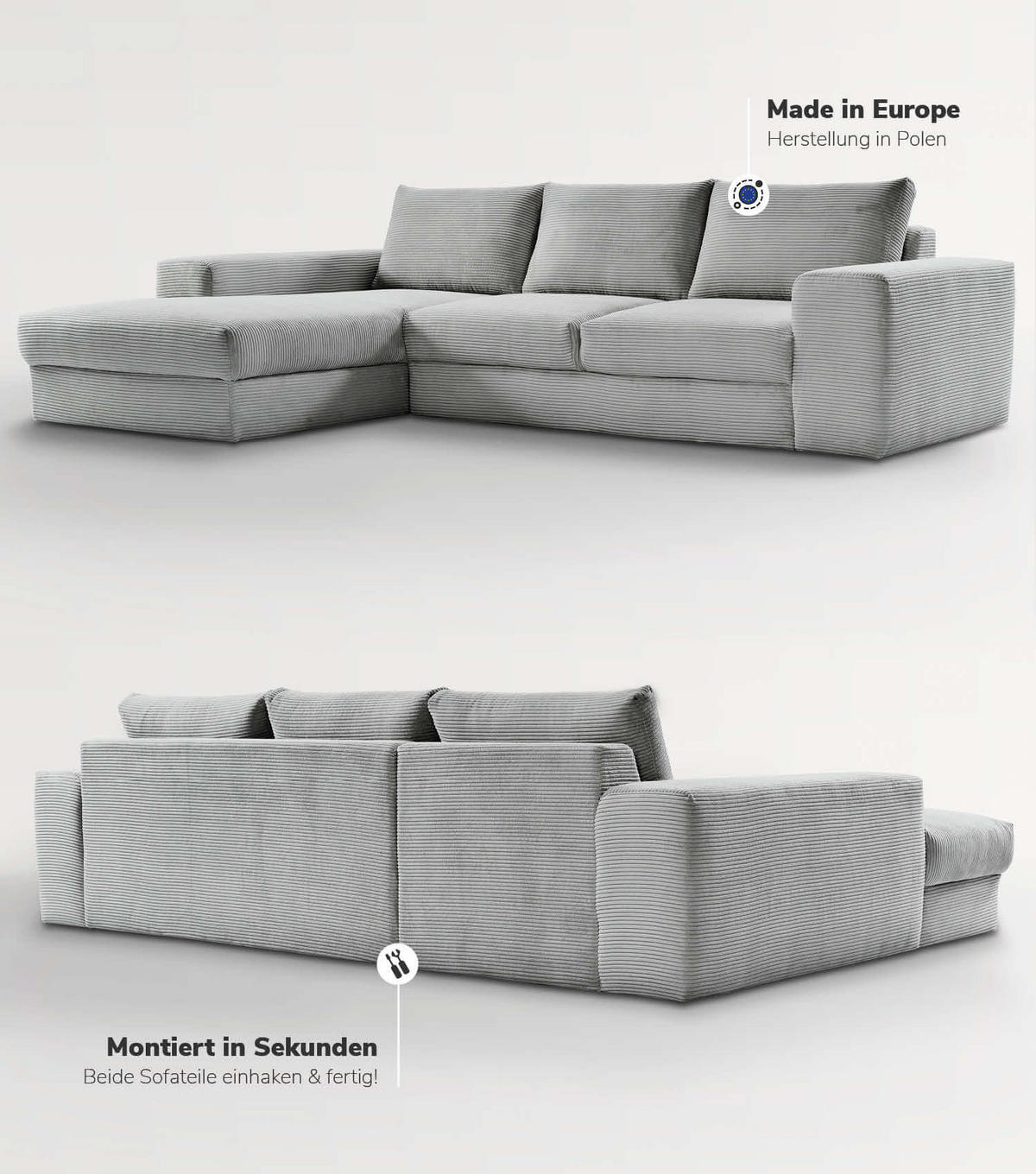 ECKSOFA Der Klassiker Recamiere links - Grau, Textil (280/190cm) - Mokebo