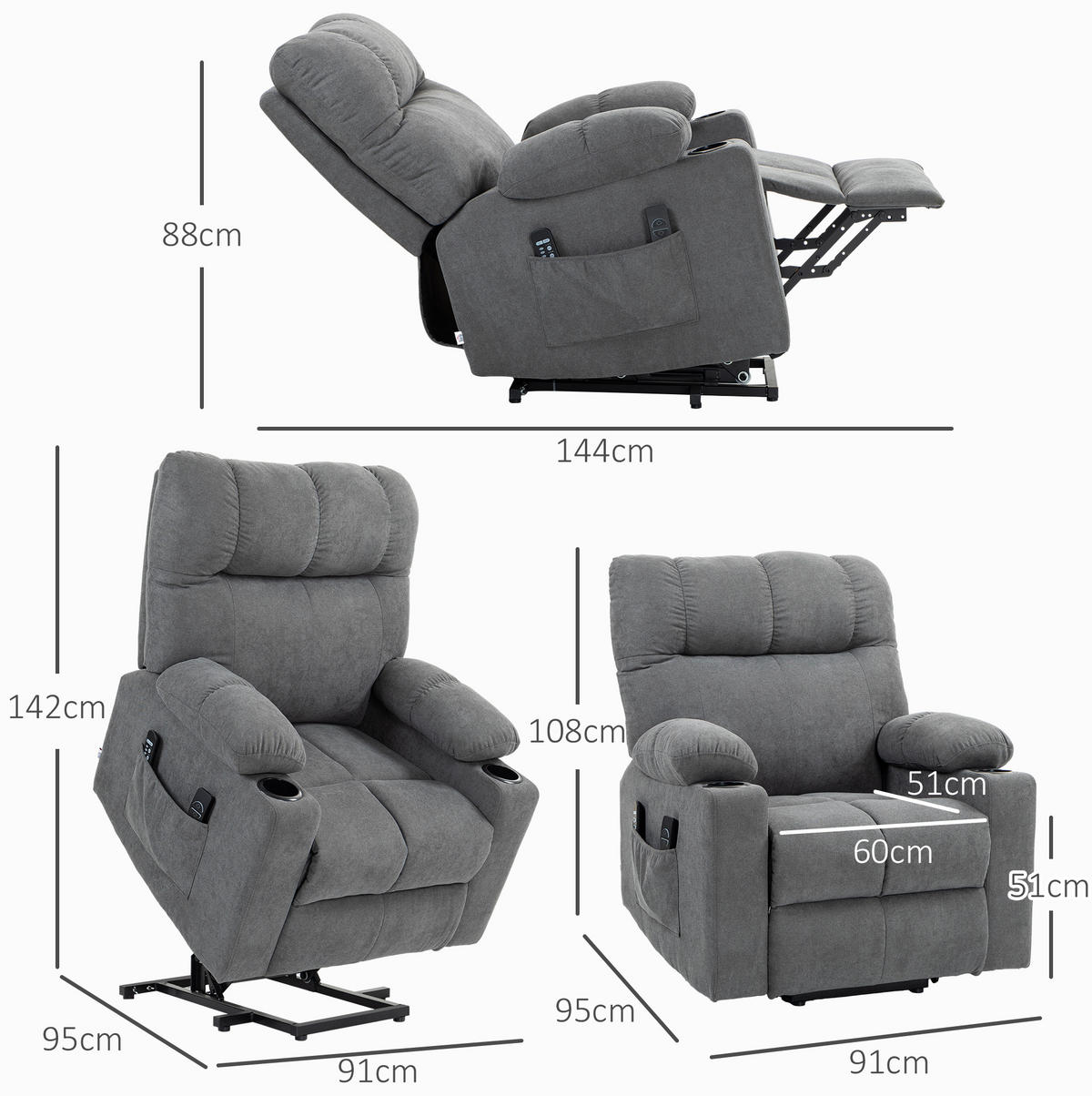 FERNSEHSESSEL in Grau 95x91x109 cm mit Aufstehhilfe, Massage und Wärmefunktion - Grau, Textil (91/109/95cm) - IVMEU