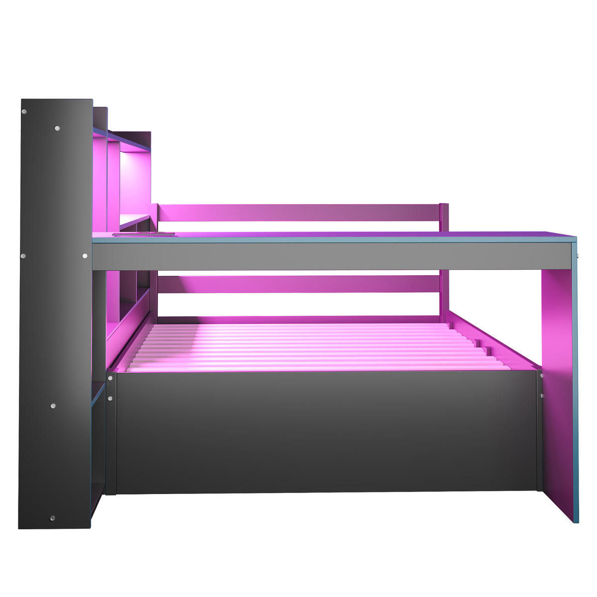 KINDERBETT 90/200 cm DE-01551, in Schwarz + Blau, mit Schreibtisch, Bücherregal und LED - Blau, Holz (90/200cm) - ComfortXL