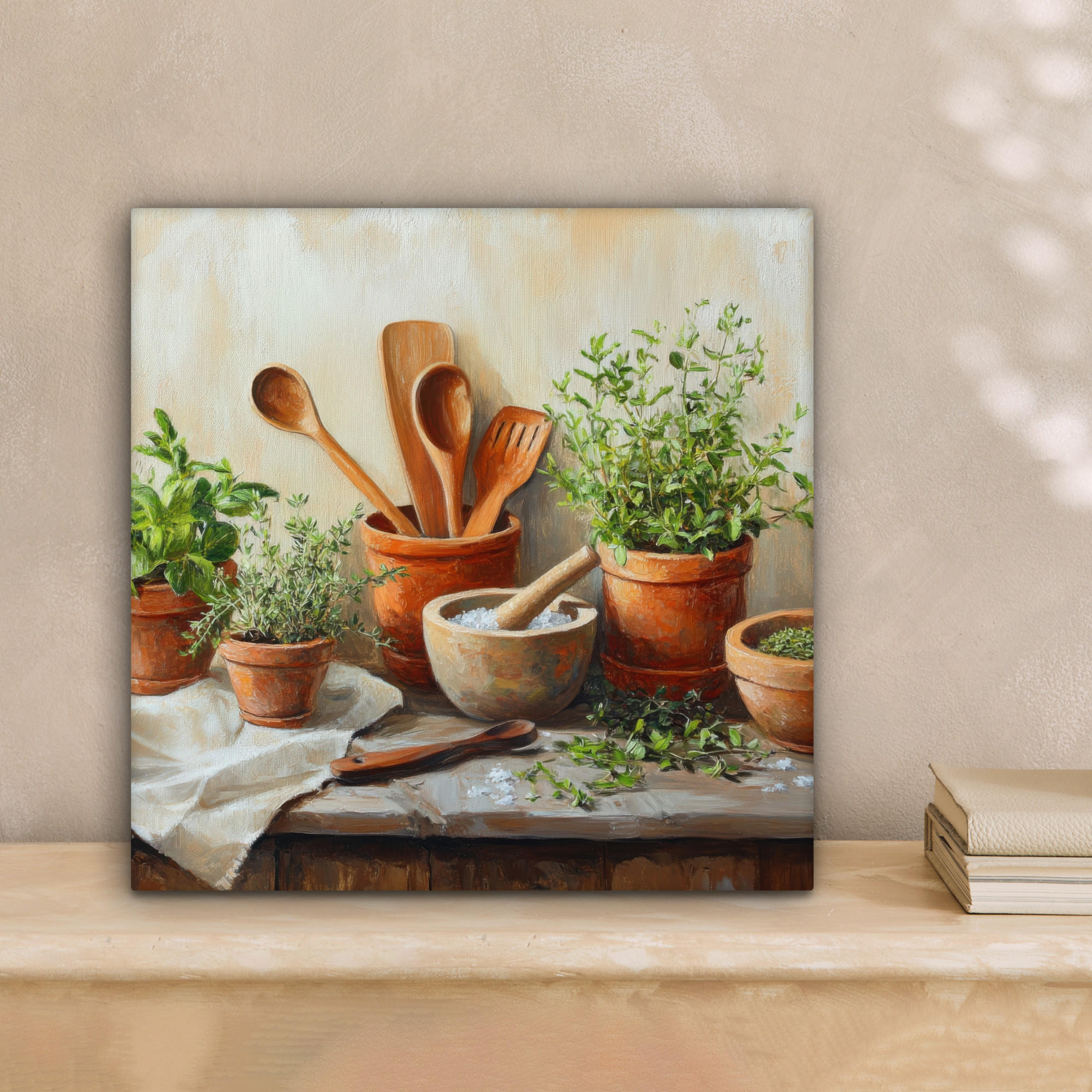 LEINWANDBILD Töpfe - Kräuter - Holz 20x20 cm - Terracotta, Textil (20/20cm) - MuchoWow