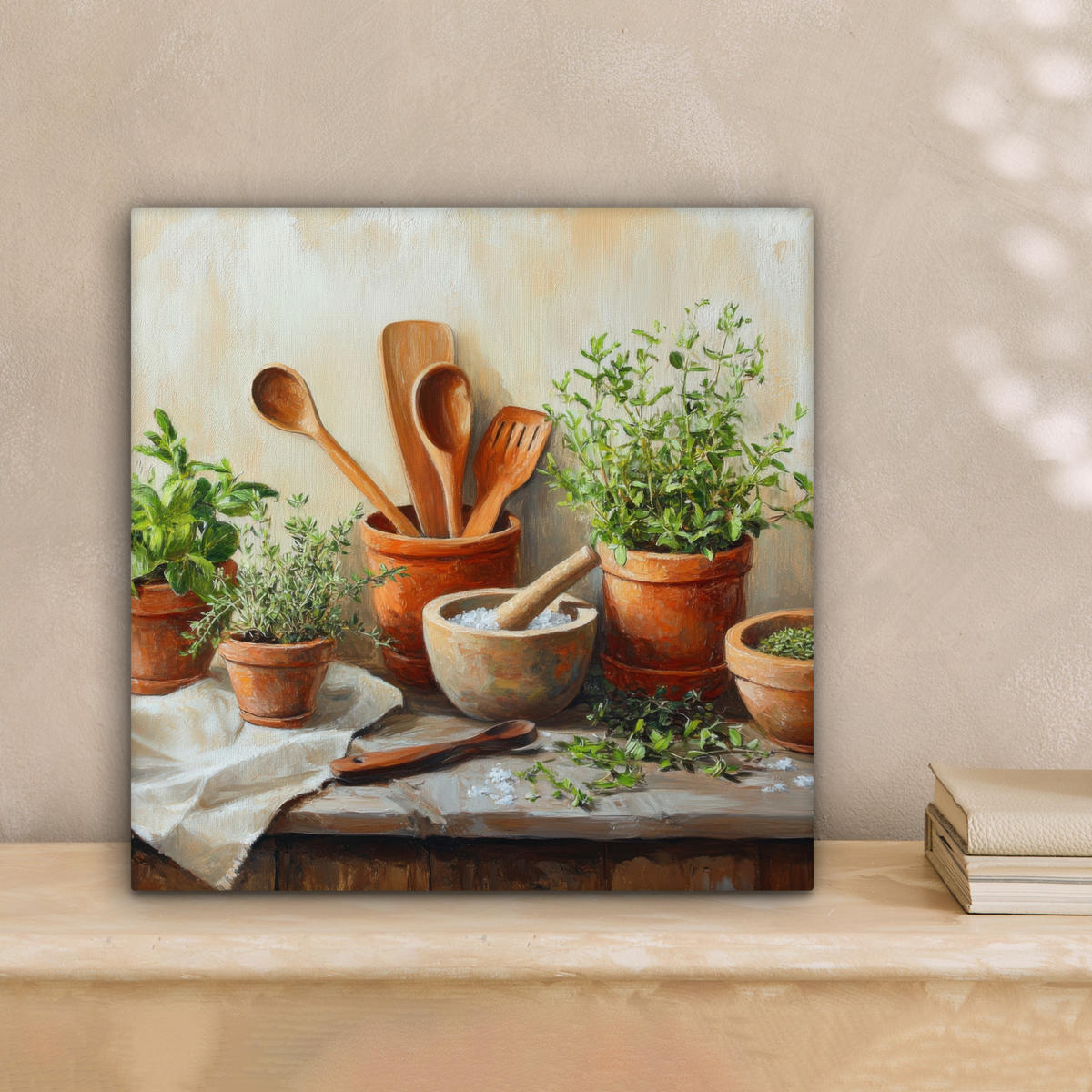 LEINWANDBILD Töpfe - Kräuter - Holz 20x20 cm - Terracotta, Textil (20/20cm) - MuchoWow