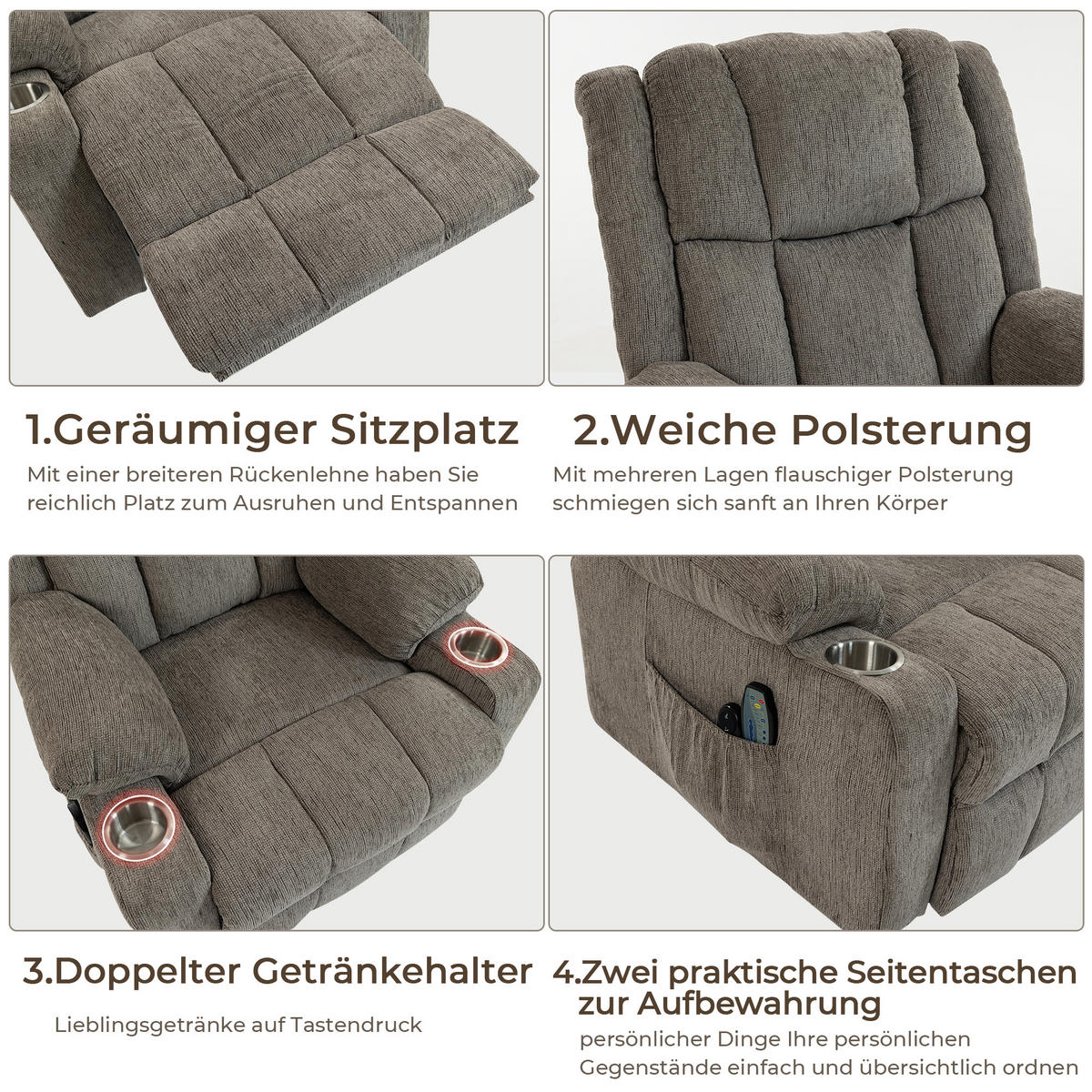 RELAXSESSEL Samt mit Aufstehhilfe, Massage, Wärmefunktion 91/84/106 cm Hellbraun - Hellbraun, Textil (84/106/91cm) - Redom