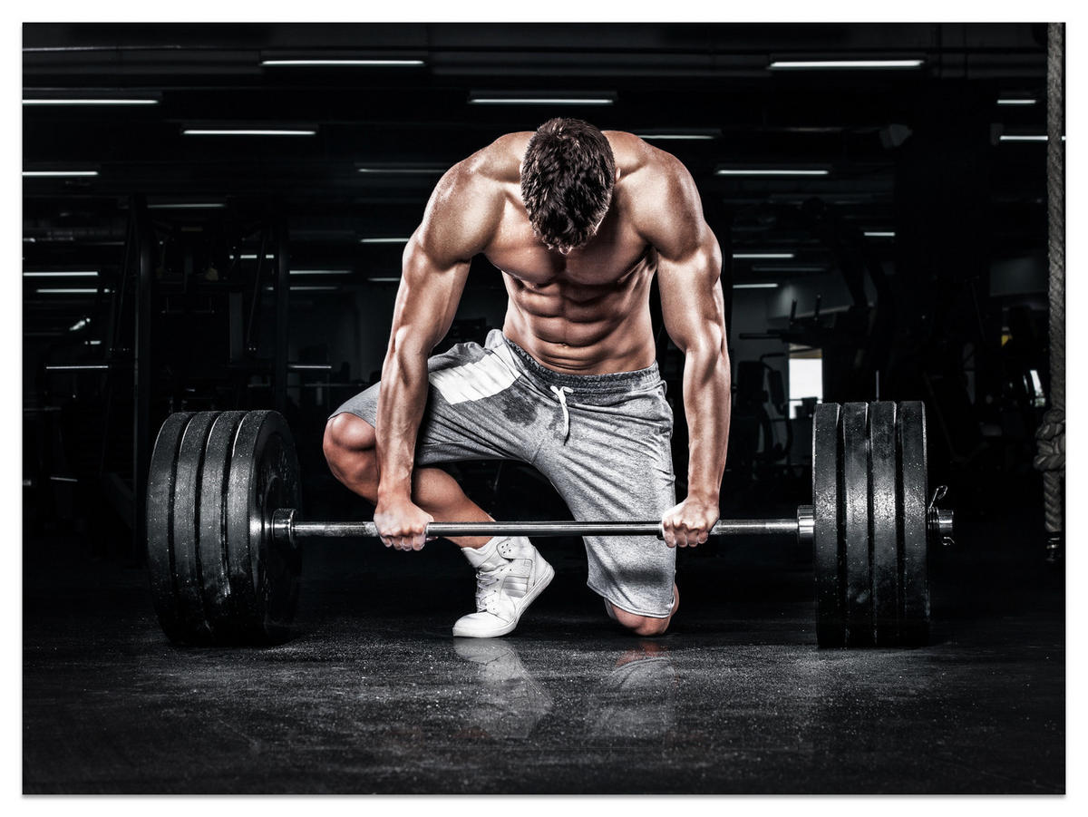 FOTOTAPETE Muskulöser Mann Fitnessstudio Training Sport 250x175 - Beige/Schwarz, Papier (250/175cm) - Muralo