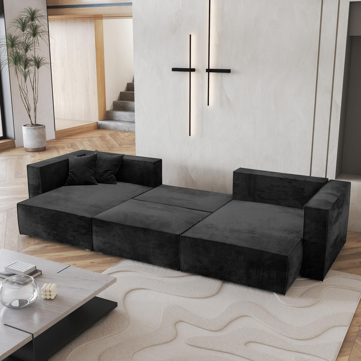 WOHNLANDSCHAFT SARMO M Schwarz Velours-Stoff mit Schlaffunktion - Schwarz, Holz (347/70/148cm) - MASSENO