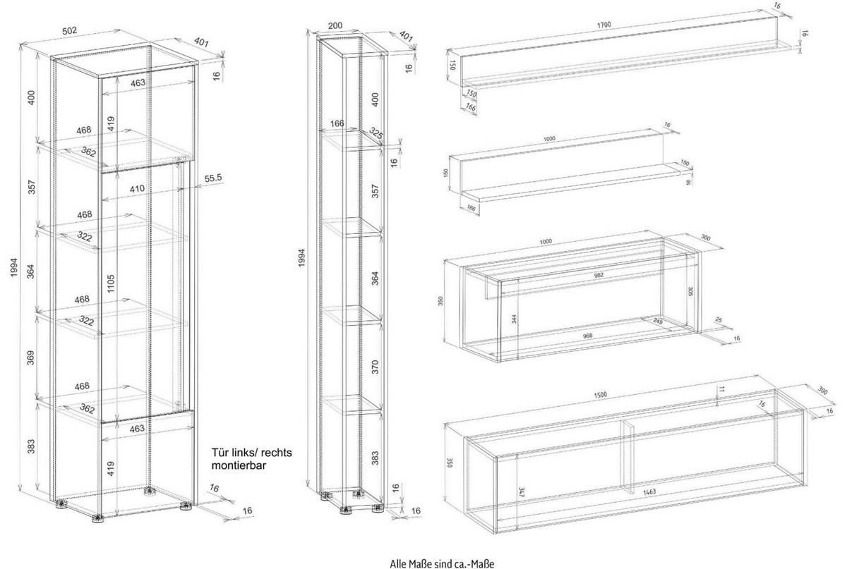 WOHNWAND weiß, Eiche Wotan 6-teilig 340 cm, Wohnkombination mit Sekretär - Eiche Wotan/Schwarz, Holz/Holzwerkstoff (340/200/40cm) - Furn.Design