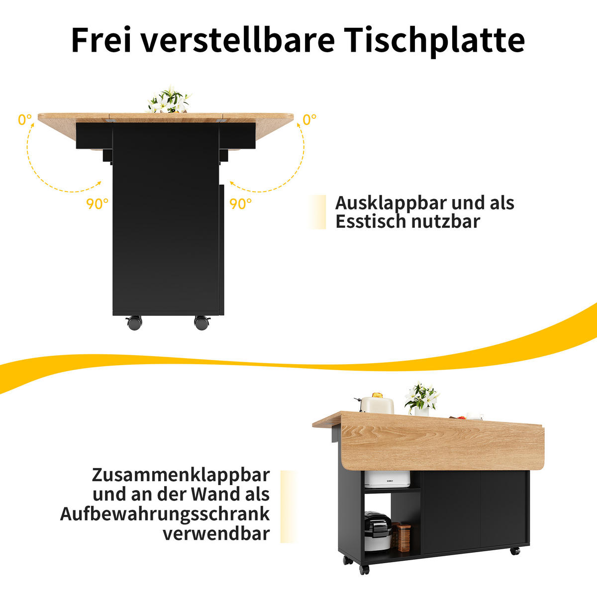 KÜCHENINSEL Klapptisch Rollbar 120x70x79.5cm Schwarz mit Arbeitsplatte & Stauraum - Schwarz, Holzwerkstoff (120/79.5/70cm) - Modfu