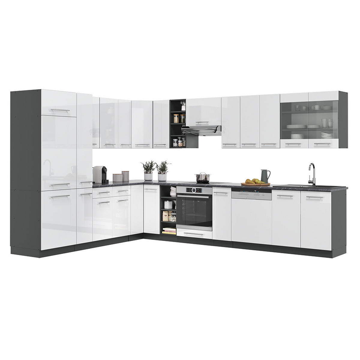 ECKKÜCHE Fame-Line Weiß Hochglanz/Anthrazit 347 x 257 cm ohne AP - Weiß Hochglanz/Anthrazit, Holzwerkstoff (347/81.6/46cm) - Vicco
