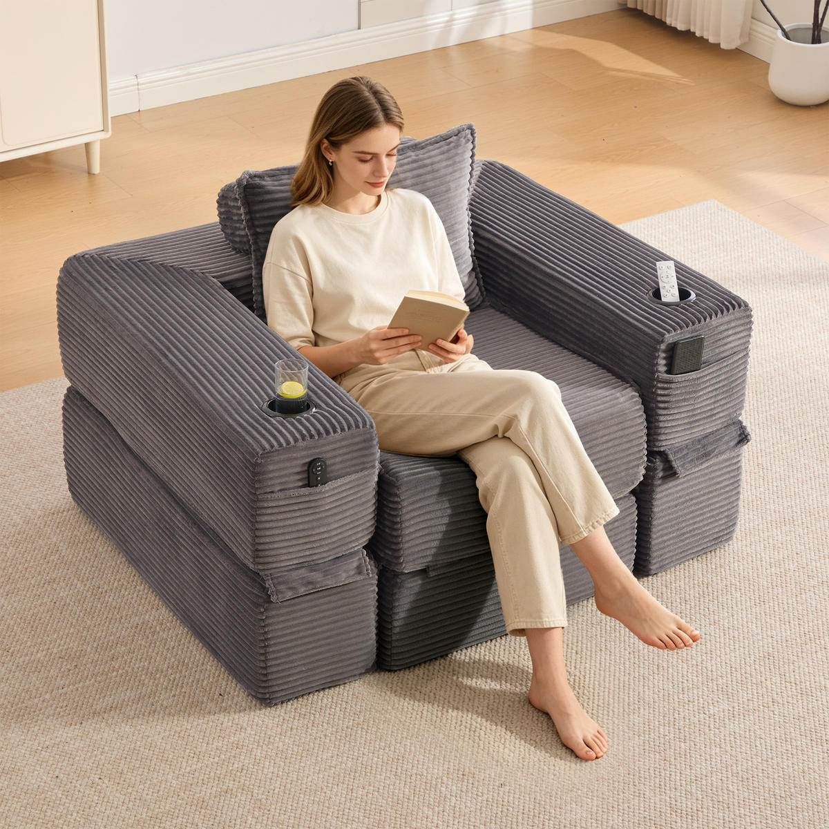 SCHLAFSOFA mit Schlafunktion, Getränkehalter und Federkern aus Cord - Dunkelgrau, Textil (122/80/98cm) - EVRYAE