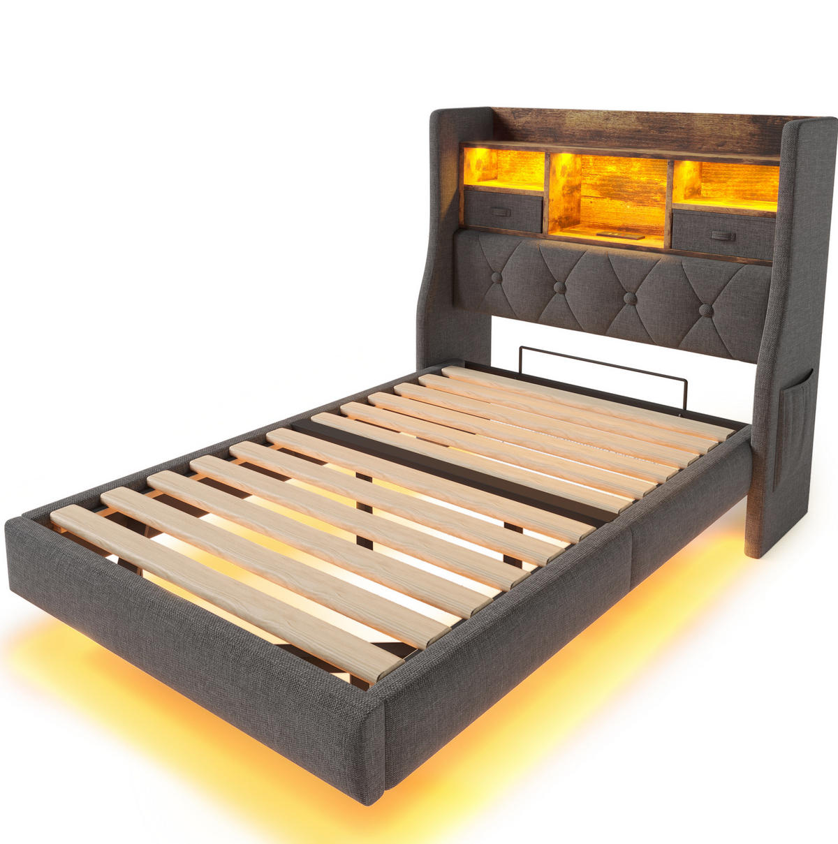 POLSTERBETT 90/200 cm aus Leinen mit LED-Beleuchtung, USB- und Type-C-Anschluss, Stauraum-Kopfteil, Grau - Grau, Textil (90/200cm) - Redom