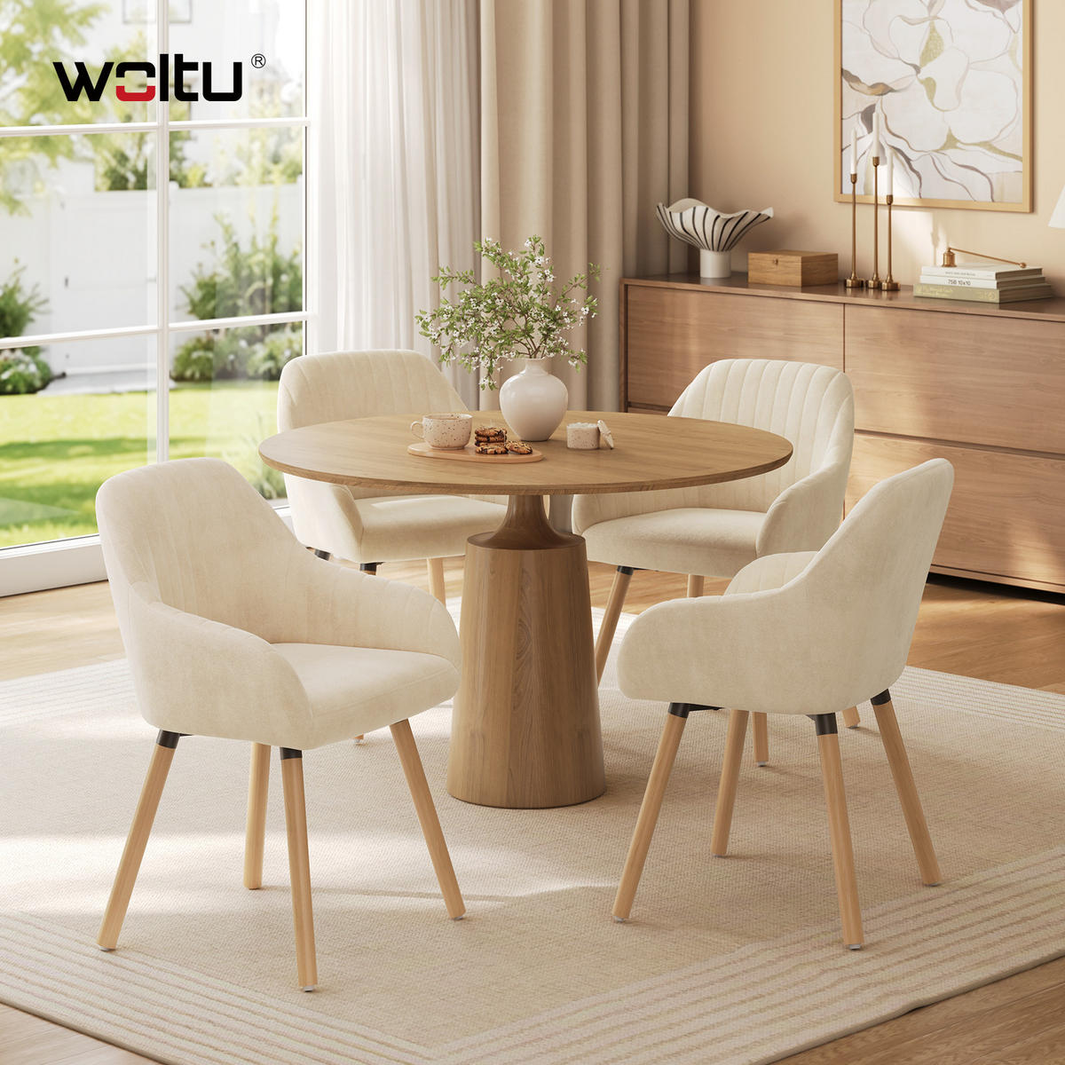 ESSZIMMERSTUHL 4er-Set, Samt, Massivholz, Creme - Creme/Naturfarben, Holz/Textil (52/81.5/51.5cm) - Woltu