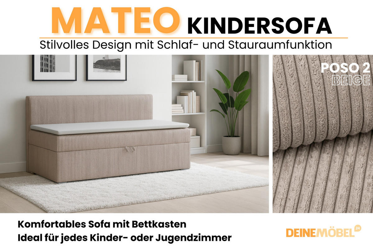 BOXBETT MATEO 90/200 Beige mit Bonell-Federkernmatratze H3 - Beige, Holz/Holzwerkstoff (90/200cm) - Deine Möbel 24