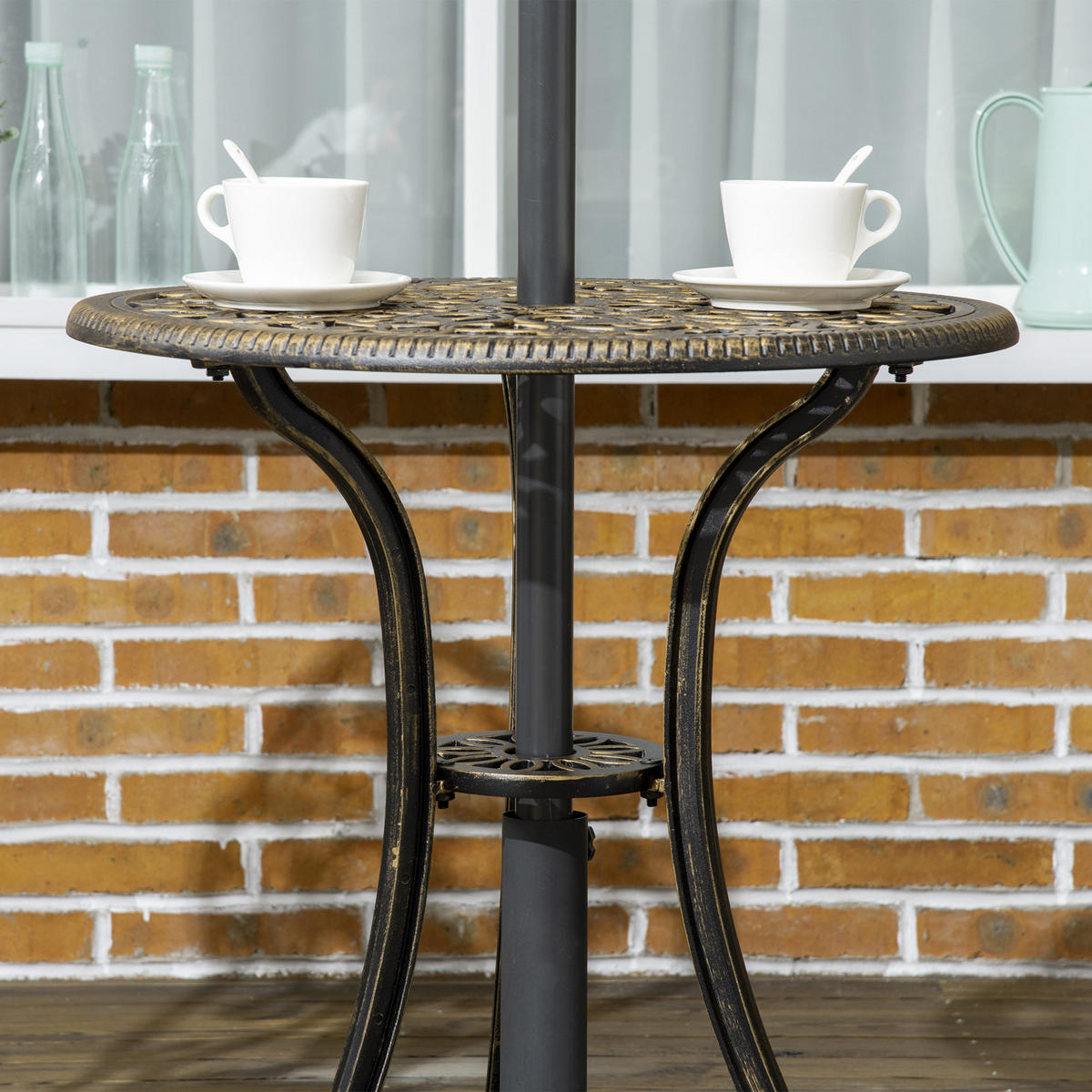 BALKONSET 3-teilig DE-14086 Imitat-Schmiedeeisen, mit Schirmhalterung Schwarz - Bronzefarben, Metall - ComfortXL