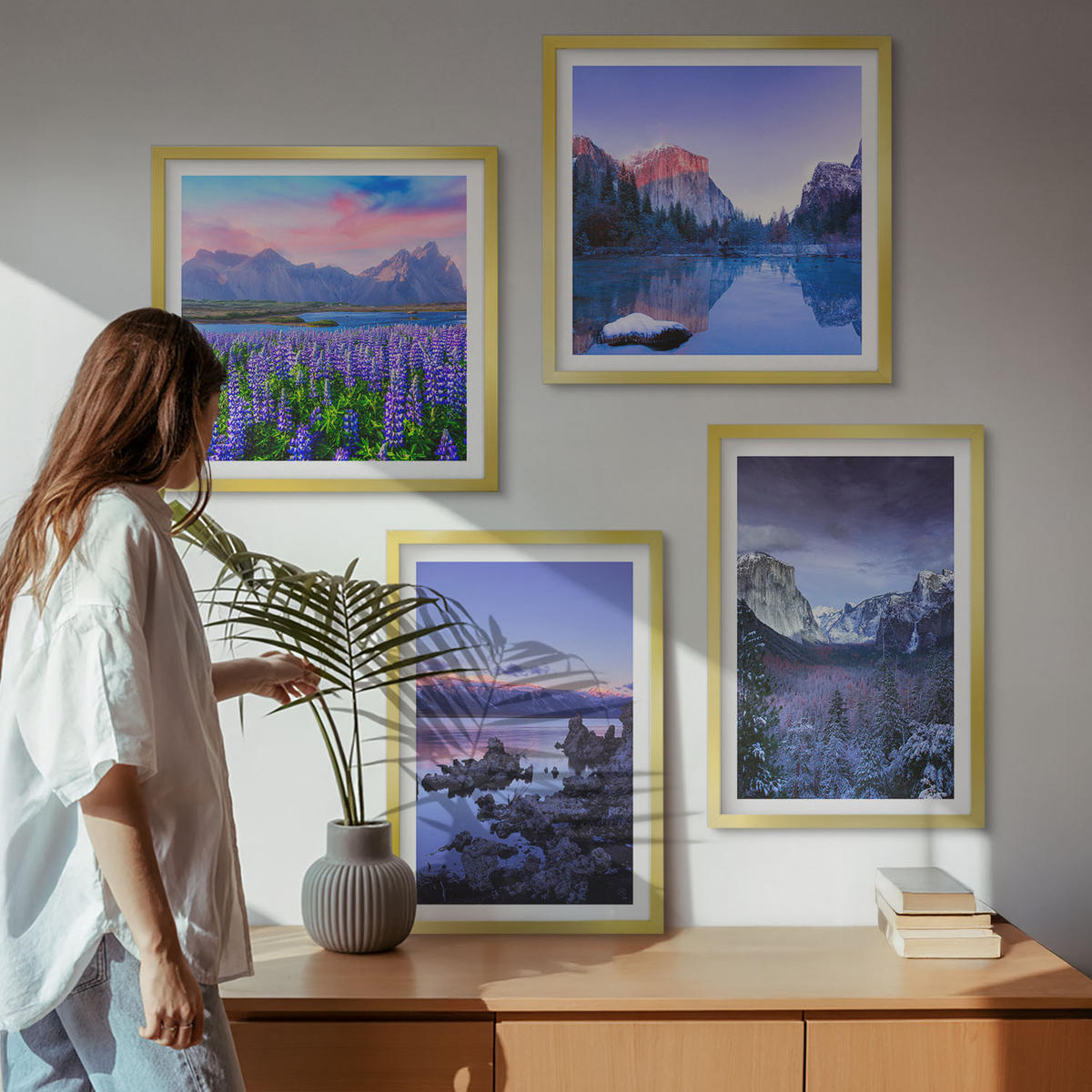 BILDER SET 4er Set - 50x50 cm & 40x60 cm Goldrahmen - Berglandschaften, Wasser, Blumenfeld - Goldfarben, Kunststoff (50/50cm) - TULUP
