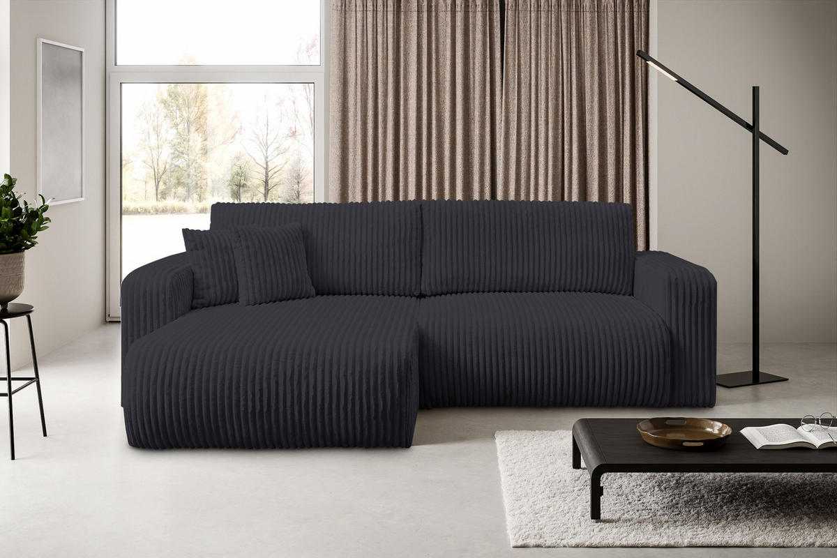 ECKSOFA mit Schlaffunktion Tilly, Schwarz Cordstoff - Schwarz, Textil (244/142cm) - VENASI MÖBEL