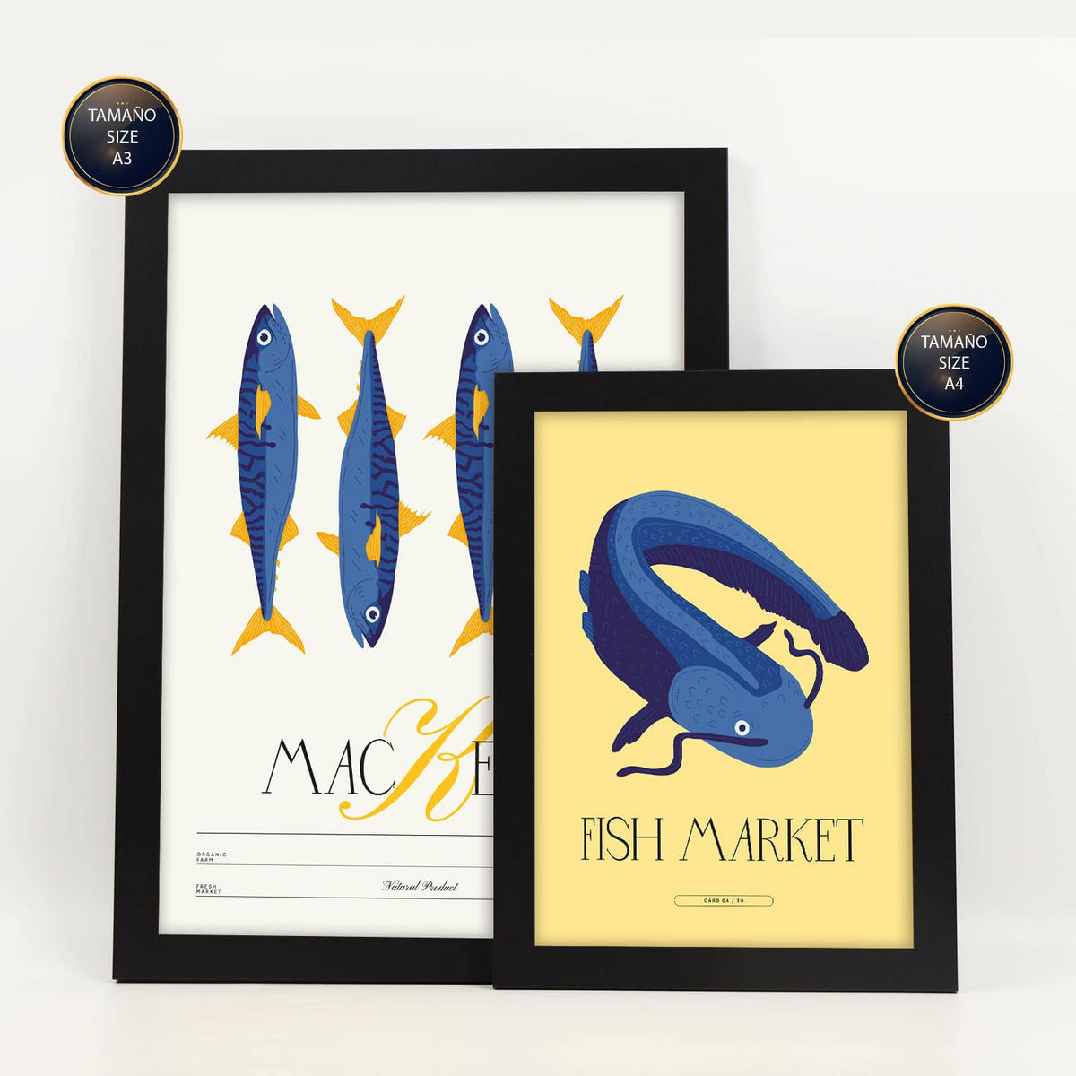 POSTER Set Mit 6 Lebensmittel Und Ernährungs Meeresprodukte Natur Und Botanikdrucke Für Innenarchitektur A3 & A4 Schwarzer Rahmen - Schwarz, Papier (29/3cm) - Nacnic
