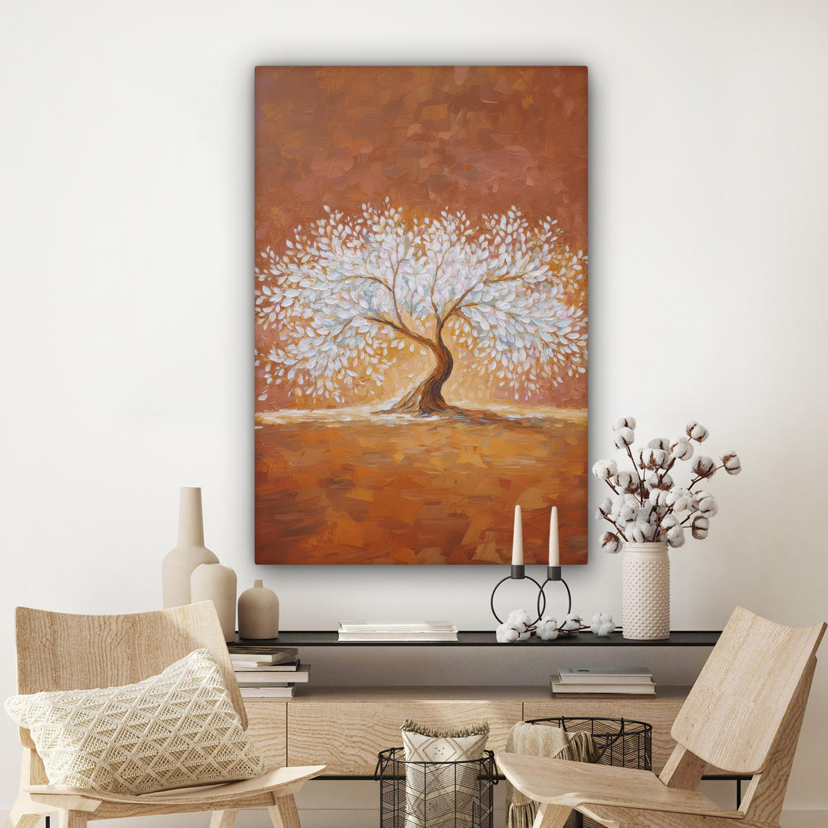 LEINWANDBILD Abstrakt - Baum - Weiß - Blätter Deko Groß 90x140 cm - Braun, Textil (90/140cm) - MuchoWow