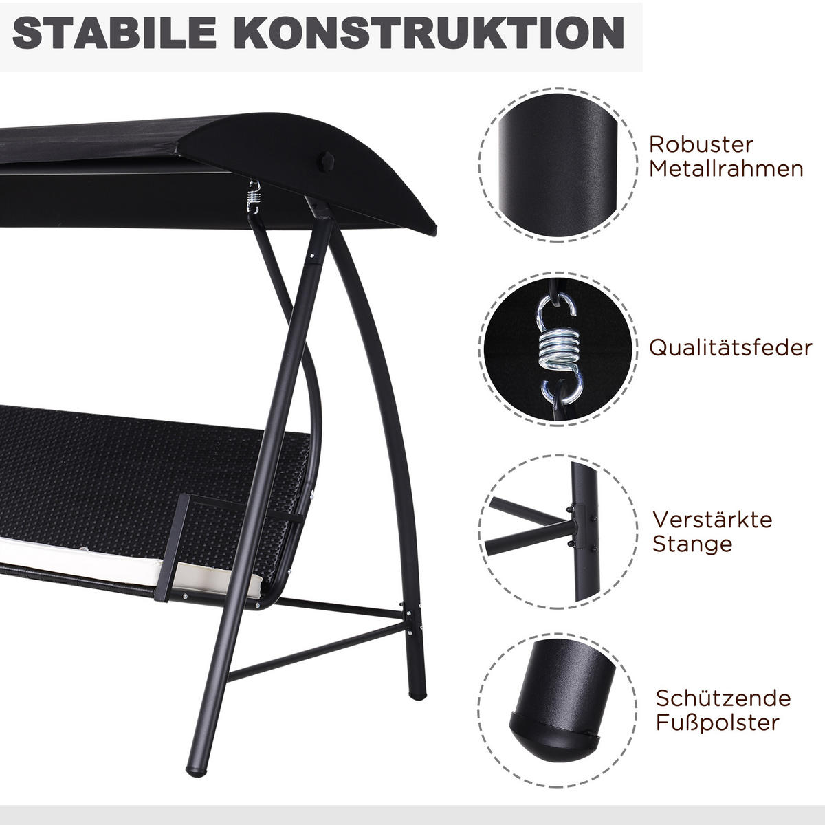 HOLLYWOODSCHAUKEL, mit Dach, Polyrattan+Metall, Schwarz, 198 x 124 x 179 cm - Schwarz, Metall (124/179/198cm) - Outsunny