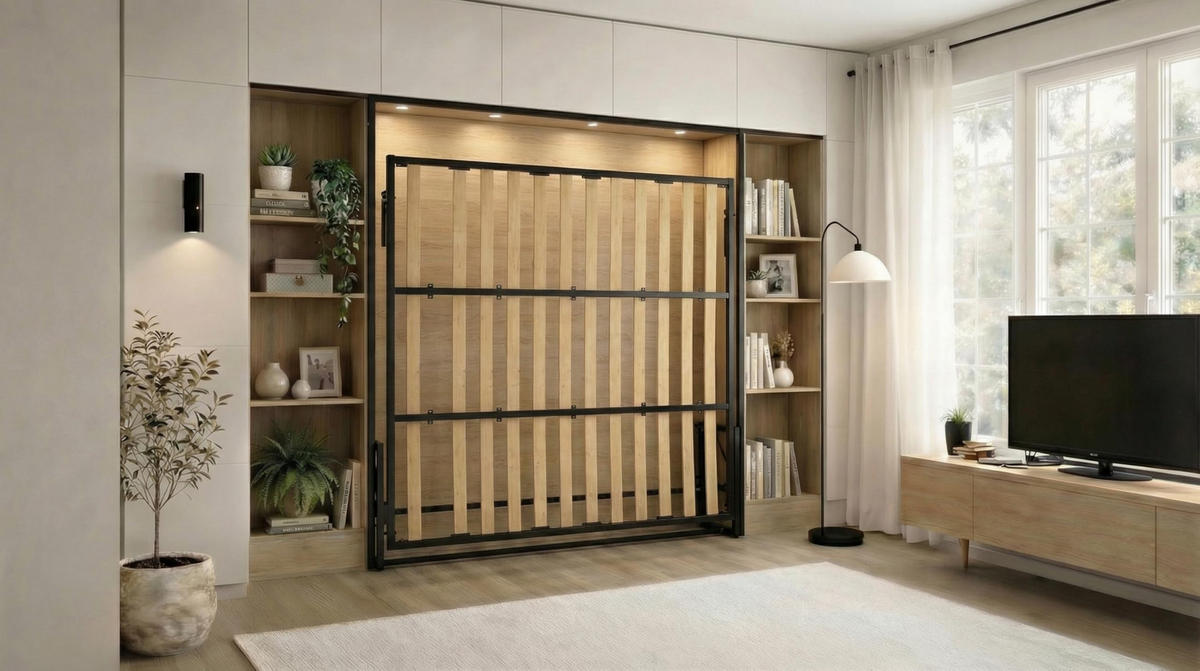 WANDBETT Morphy Classik Modulares SizeFlex- und TypeFlex-System - 200x160 Horizontal - Schwarz, Holz (200/160cm) - WallBedKing