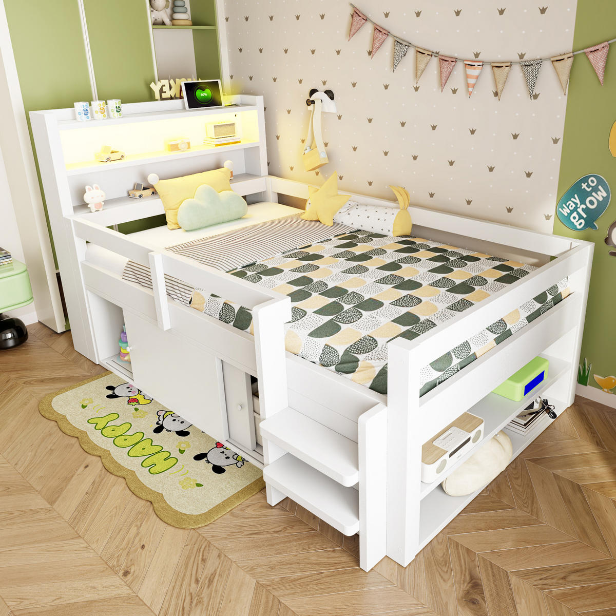 KINDERBETT 90/200 cm in Weiß Holz mit Stauraum, LED und USB - Weiß, Holz/Holzwerkstoff (90/200cm) - WISHDOR