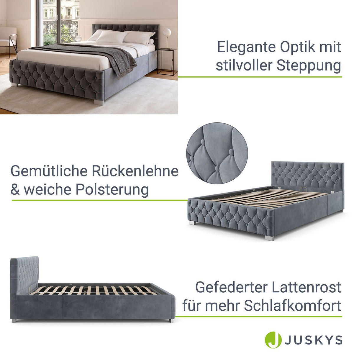 POLSTERBETT Nizza Dunkelgrau 140x200 cm mit Bettkasten und LED - Dunkelgrau, Holzwerkstoff (140/200cm) - Juskys
