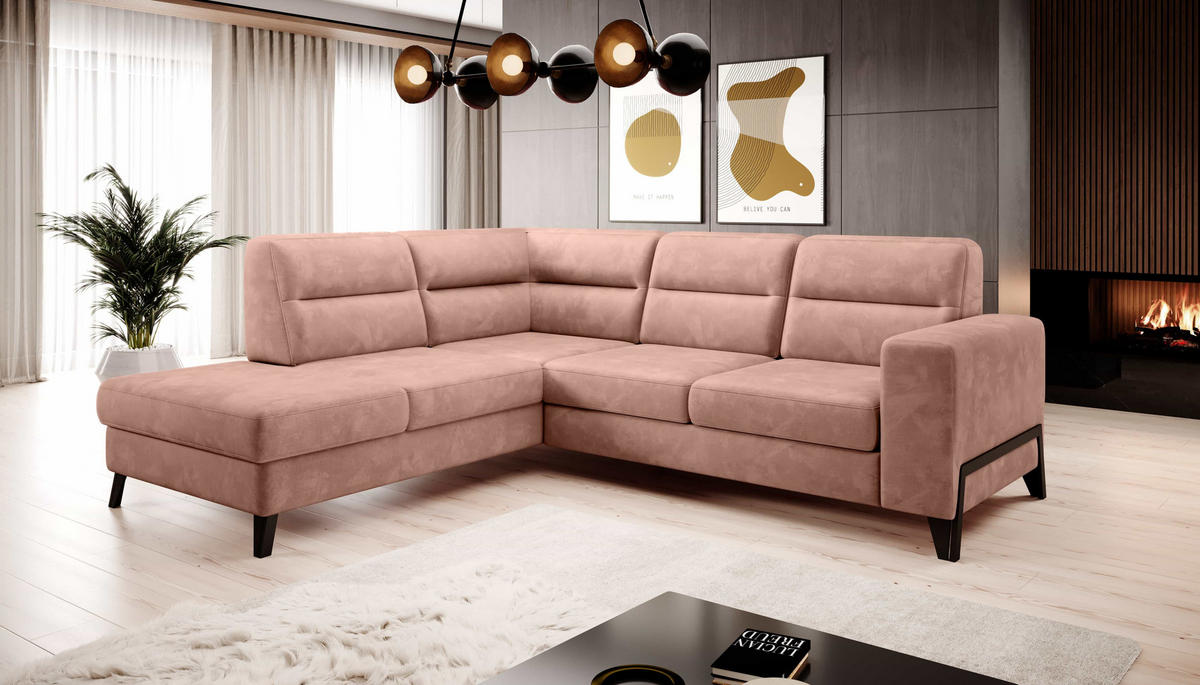 ECKSOFA mit Schlaffunktion & Bettkasten, luxus Nube-Stoff - Schwarz/Rosa, Textil/Metall (277/237cm) - Eltap
