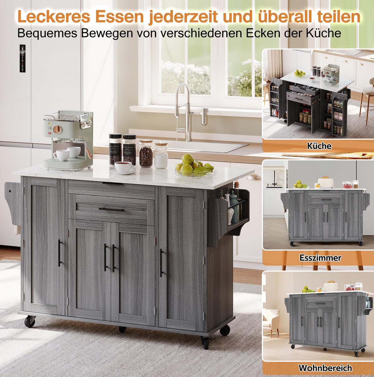 KÜCHENINSEL 136/70/92 cm in Grau mit ausziehbarer Arbeitsplatte und Rollen - Grau, Holzwerkstoff (136/92/70cm) - Flora Grace